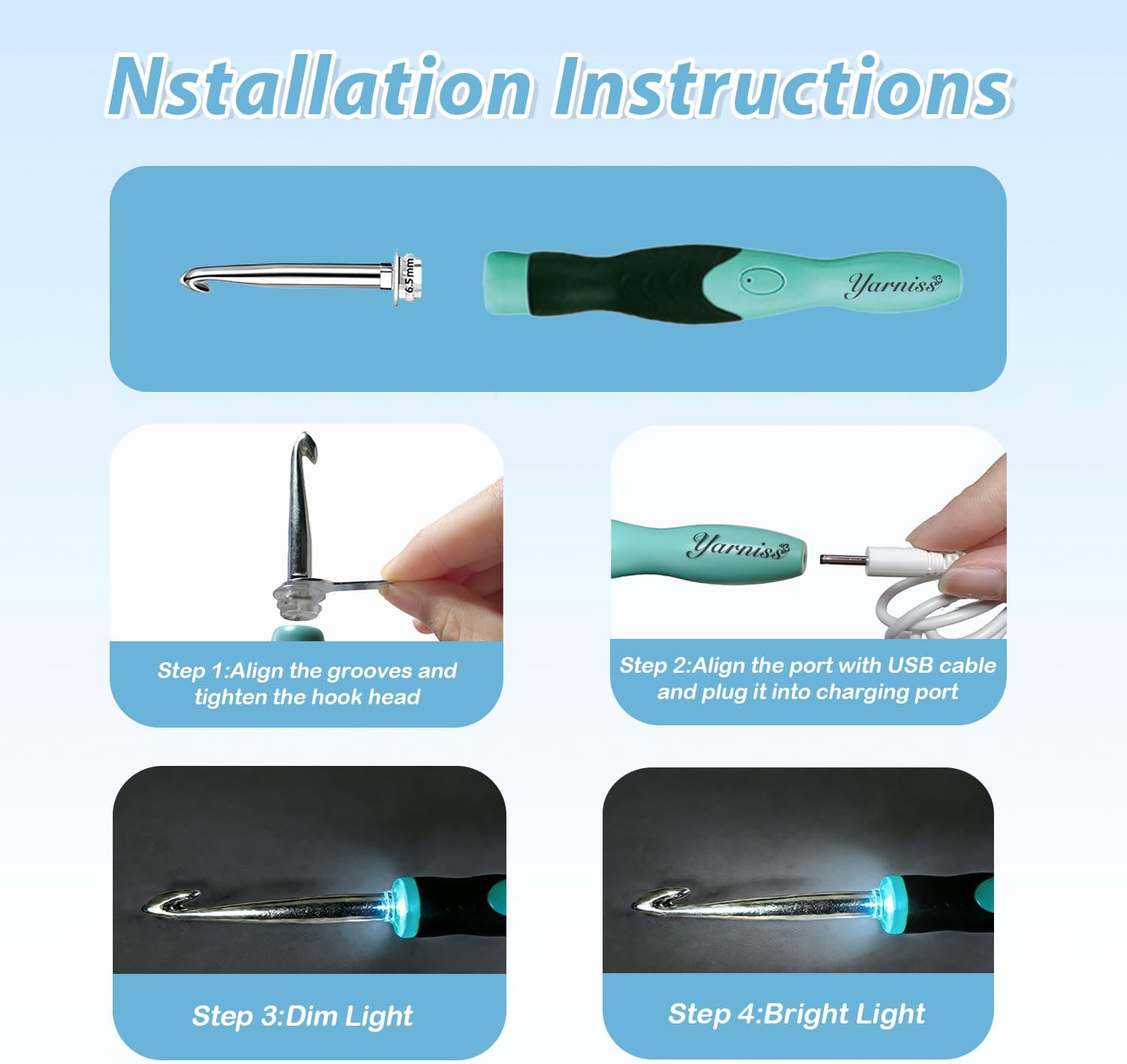 Yarniss 13-Piece Light Up Metal Head Crochet Hooks 2.5-6.5mm,2 Size Lighted Knitting Needles Set 4.25mm 5.0mm, Includes 2 Extra USB Rechargeable Heads with Case