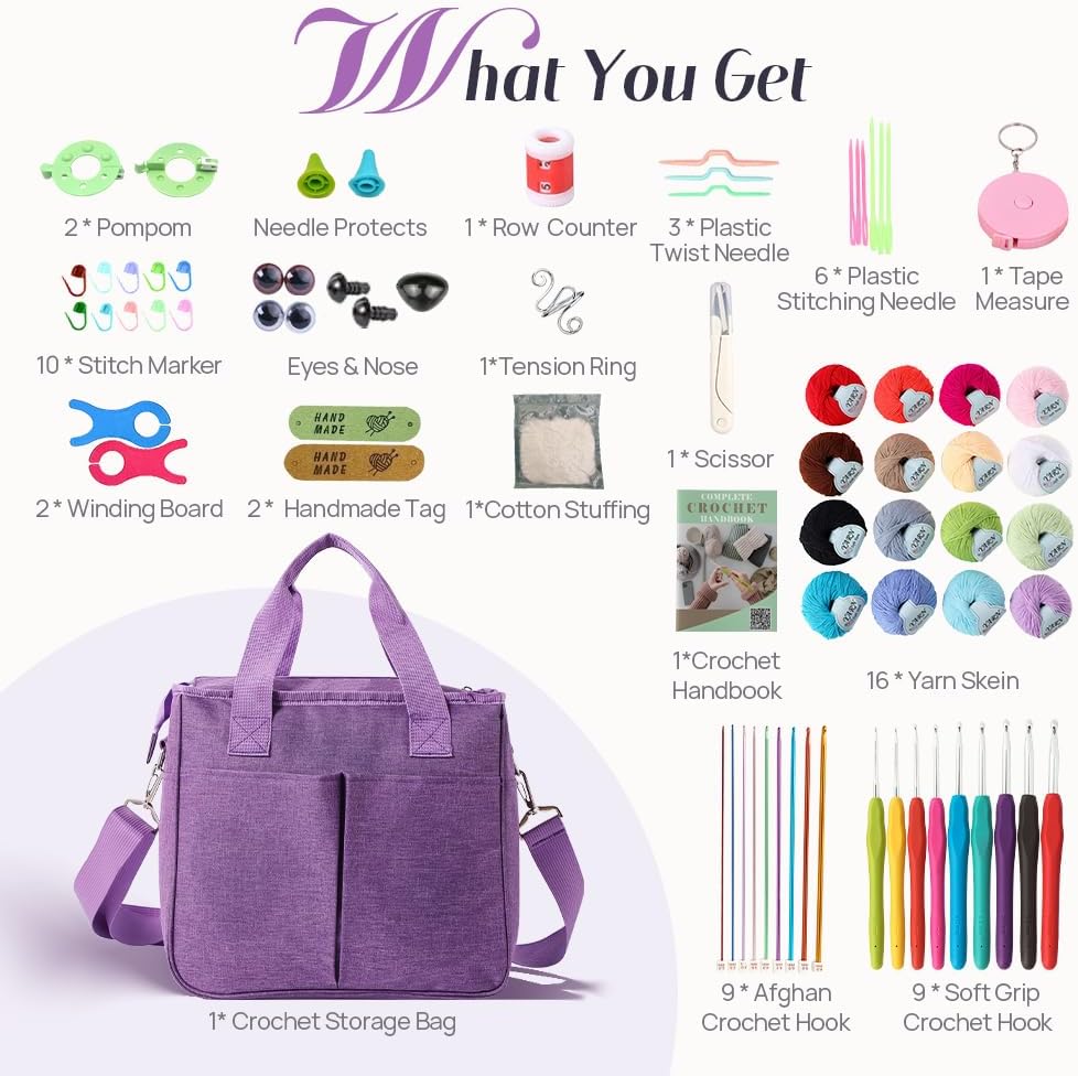 Yarniss Crochet Kits for Beginner Adults, All Inclusive Crochet Set with 9 Size Crochet Hooks, Afghan Crochet Needles 2.0-6.0mm, 1136 Yards Yarn Skeins Balls, Knitting Kits Storage Organizer
