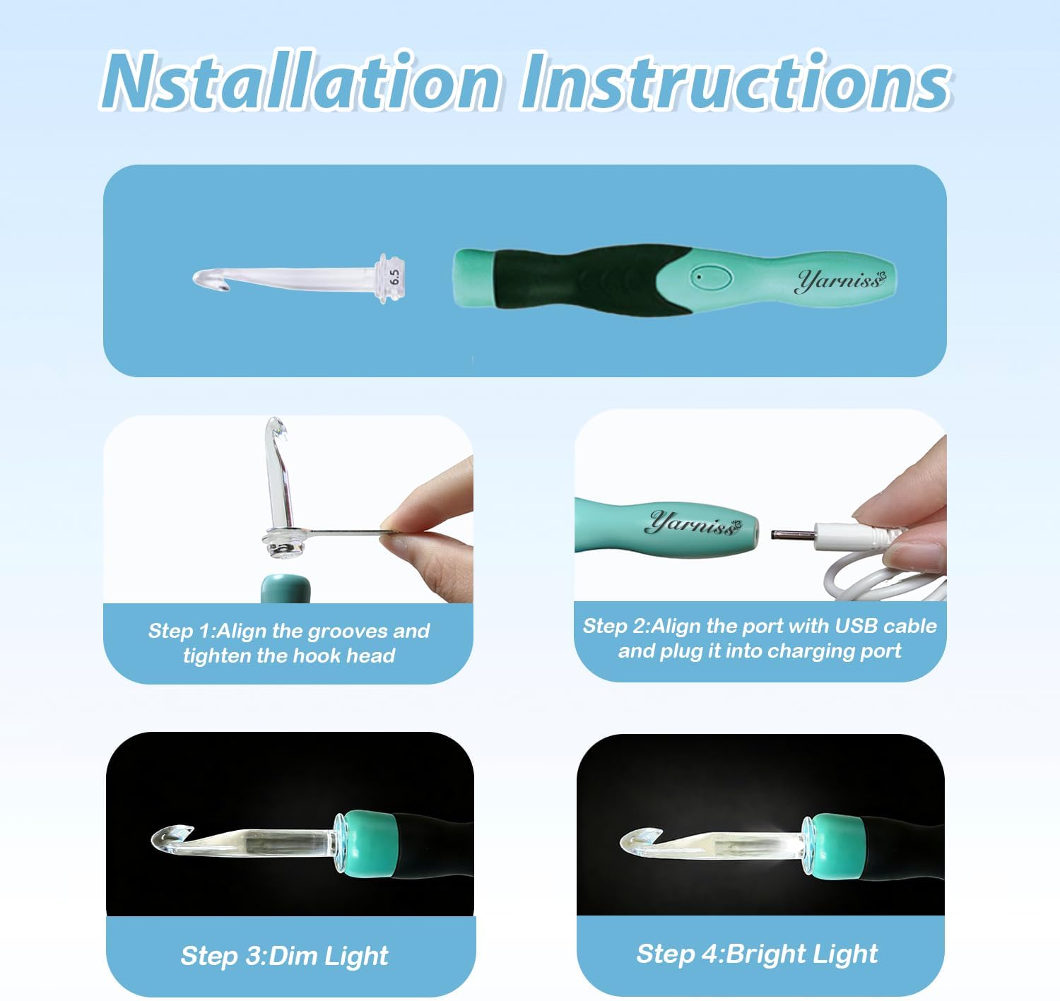 Yarniss 13-Piece Light Up Crochet Hooks 2.5-6.5mm,2 Size Lighted Knitting Needles Set 5.0mm 8.0mm, Includes 2 Extra USB Rechargeable Headswith Case