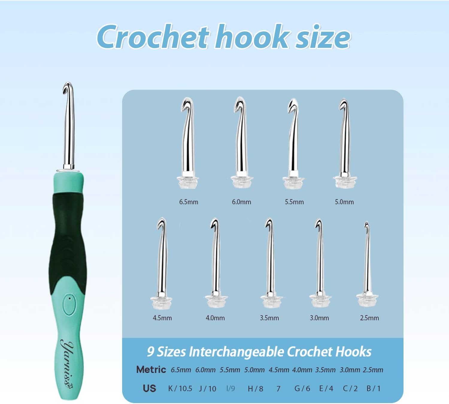 Yarniss 13-Piece Light Up Metal Head Crochet Hooks 2.5-6.5mm,2 Size Lighted Knitting Needles Set 4.25mm 5.0mm, Includes 2 Extra USB Rechargeable Heads with Case