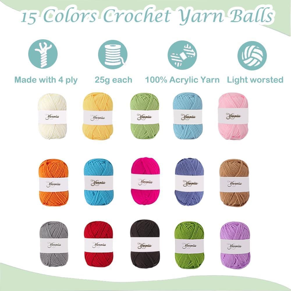 Yarniss Crochet Kits for Beginners, Complete Crochet Kit with Bag, Mint 1050 Yards Crochet Yarn & 12 Size Ergonomic Crochet Hooks, Learn to Crochet with Step by Step Video Tutorial