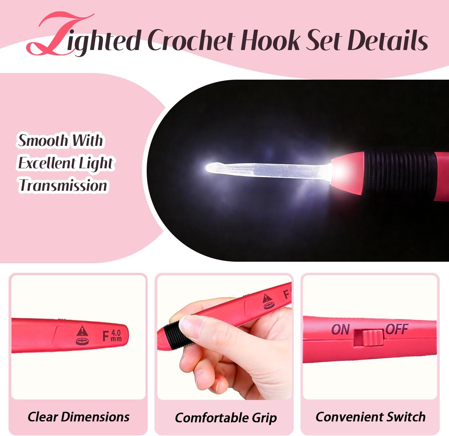 Yarniss Lighted Crochet Hook,4.0mm Crochet Hook Glow in Dark with Battery,Dark Red