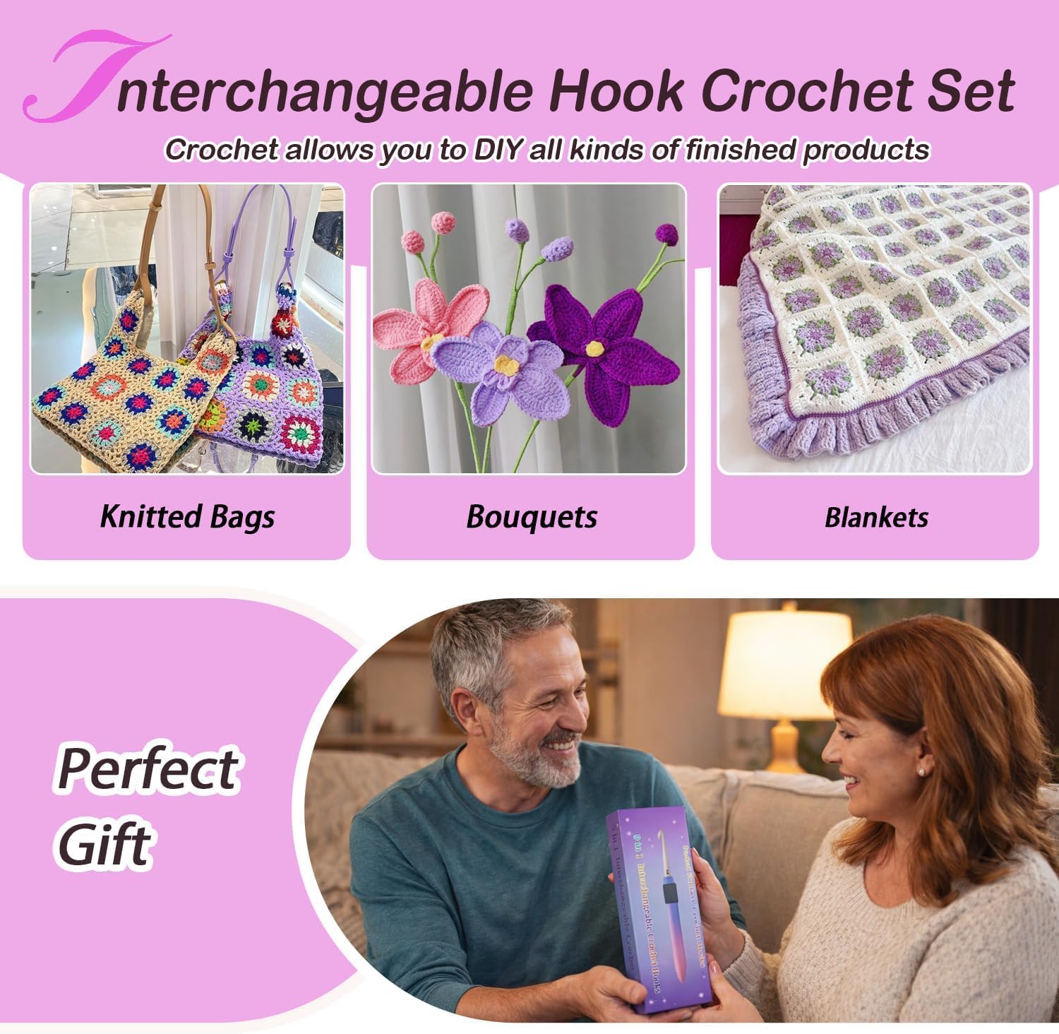 Yarniss Crochet Hooks Set, 9 Sizes 2.5mm-6.5mm Interchangeable Crochet Hooks with Screw Handle, Gradient Purple Ergonomic Comfort Grip, Comes with Wrench & Storage Case