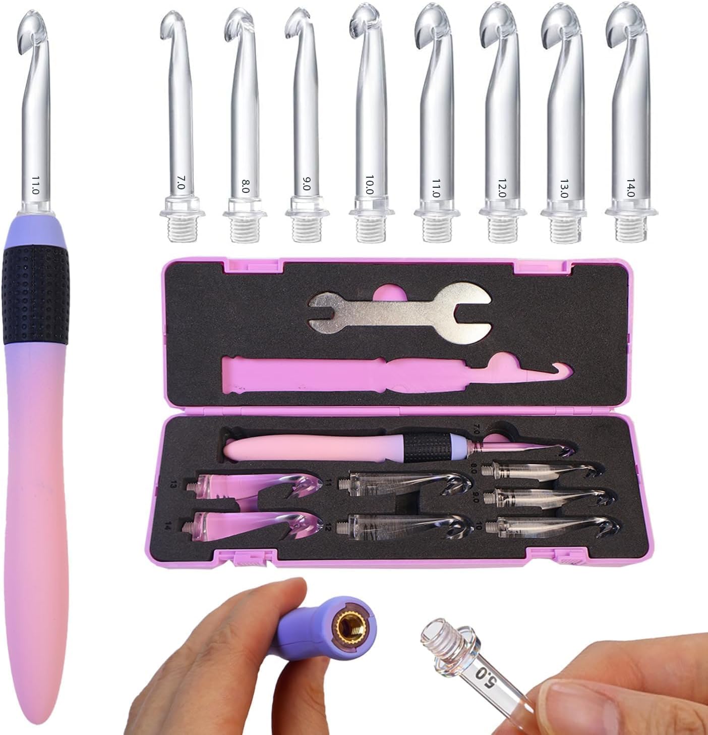 Yarniss 8 Large-Size Gradient Purple Handles, 7.0mm-14mm Interchangeable Plastic Needles (Screw-On Type, Includes Wrench)