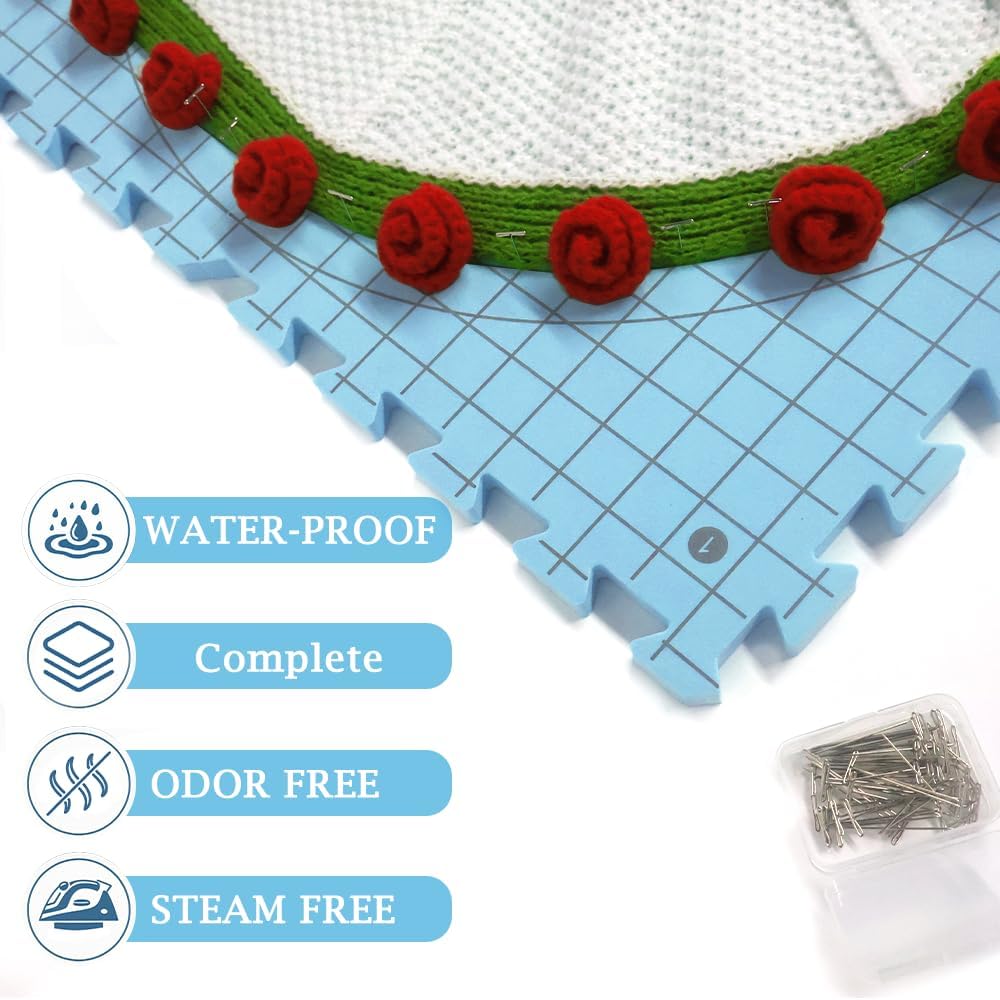 Yarniss Blocking Mats for Knitting & Crochet, 9PCS Interlocking Blocking Boards with Grids & Circle Line, 12" x 12" Crochet Blocking Board with 50 T-Pins, 8 Blocking Combs，Light Blue