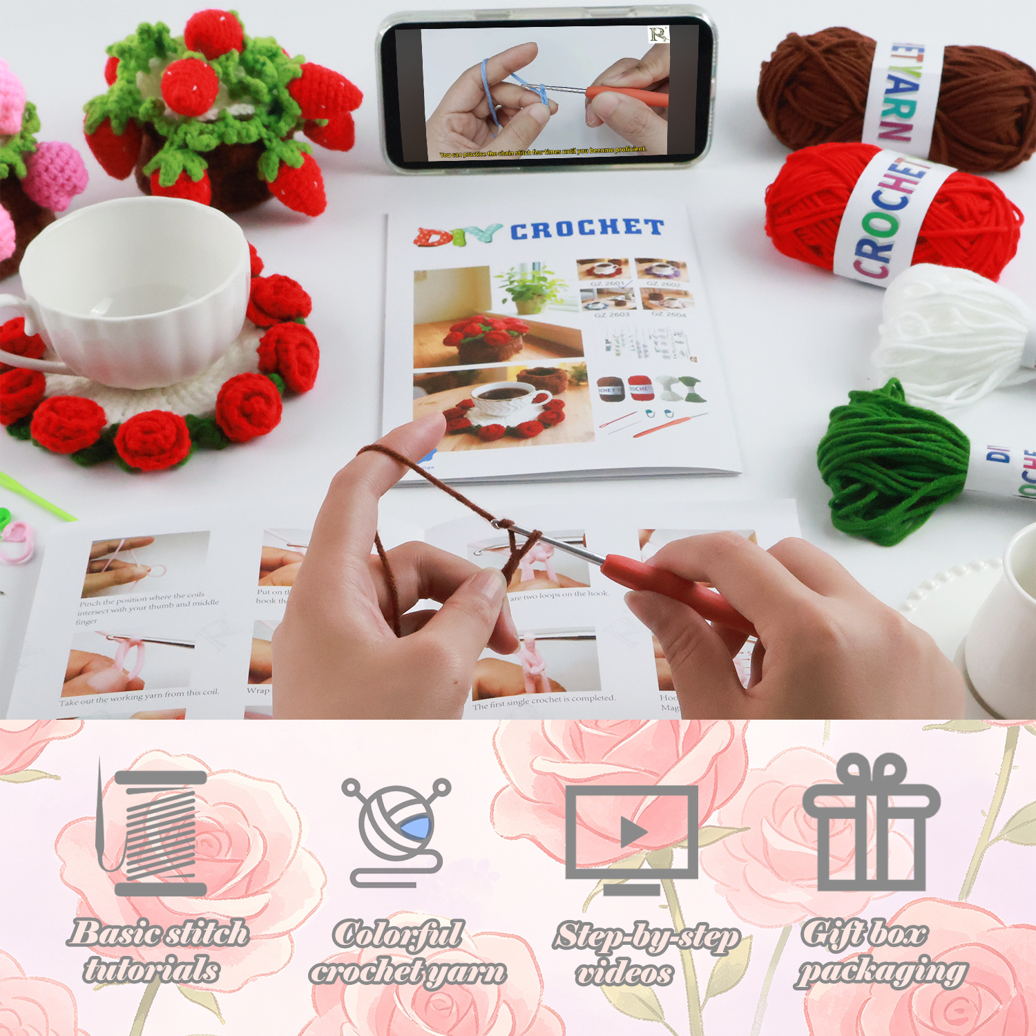 Yarniss Crochet Kit for Beginners,Crochet Coaster Starter Set,Stitch Crochet Kit Easy to Follow Video Tutorials Included