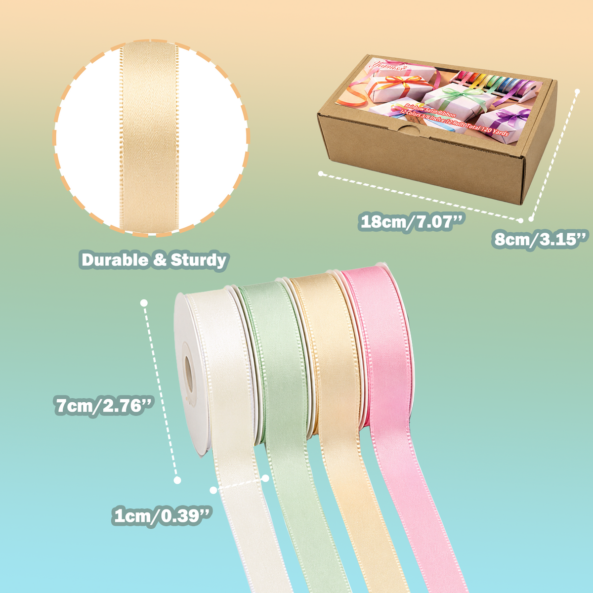 Yarniss 120 Yards Rainbow Ribbon 12 Colors 3/8" x 10 Yards/Roll, Colorful Satin Spring Ribbon for Craft Projects Hair Bows Gift