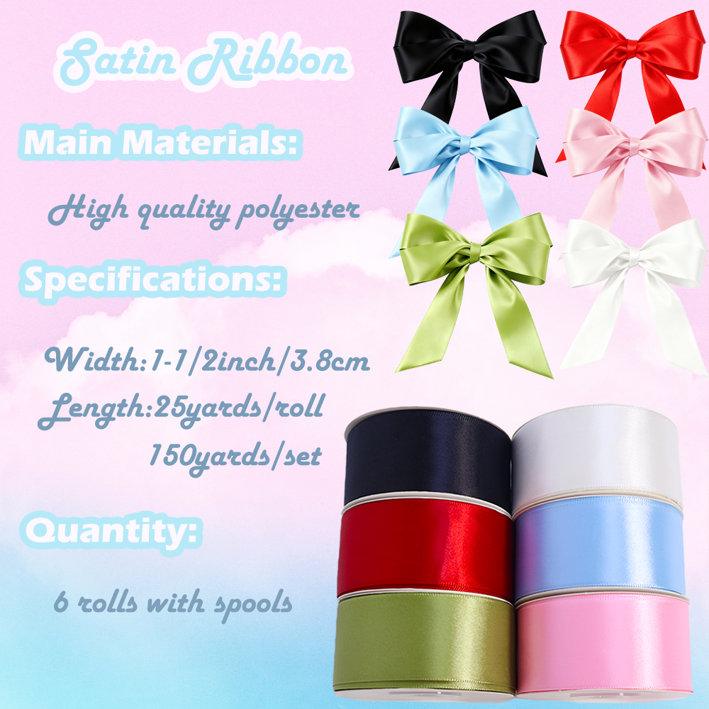 Yarniss 1-1/2 Inches 25 Yards Satin Ribbon x 6 Rolls Total 150 Yards, Solid Fabric Ribbon Roll for Flower Bouquets, Gift Wrapping, Wedding, Handmade Crafts