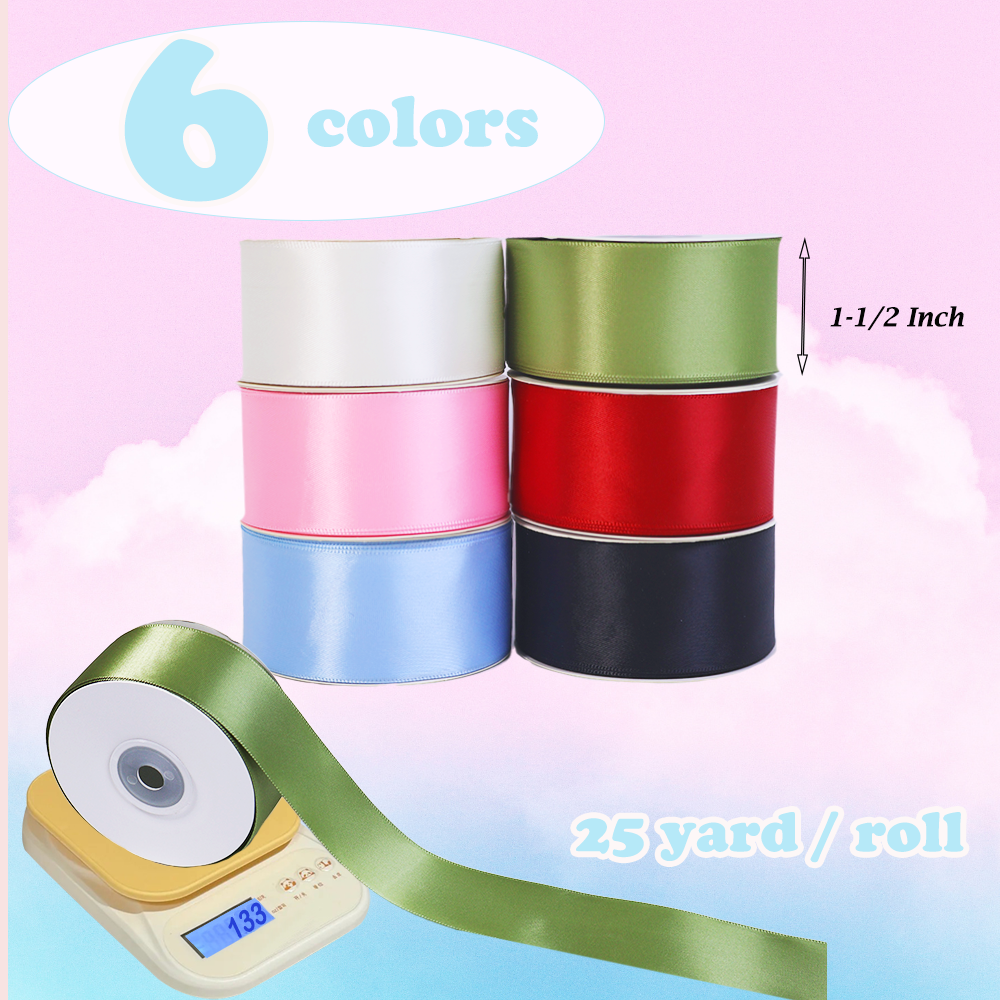 Yarniss 1-1/2 Inches 25 Yards Satin Ribbon x 6 Rolls Total 150 Yards, Solid Fabric Ribbon Roll for Flower Bouquets, Gift Wrapping, Wedding, Handmade Crafts