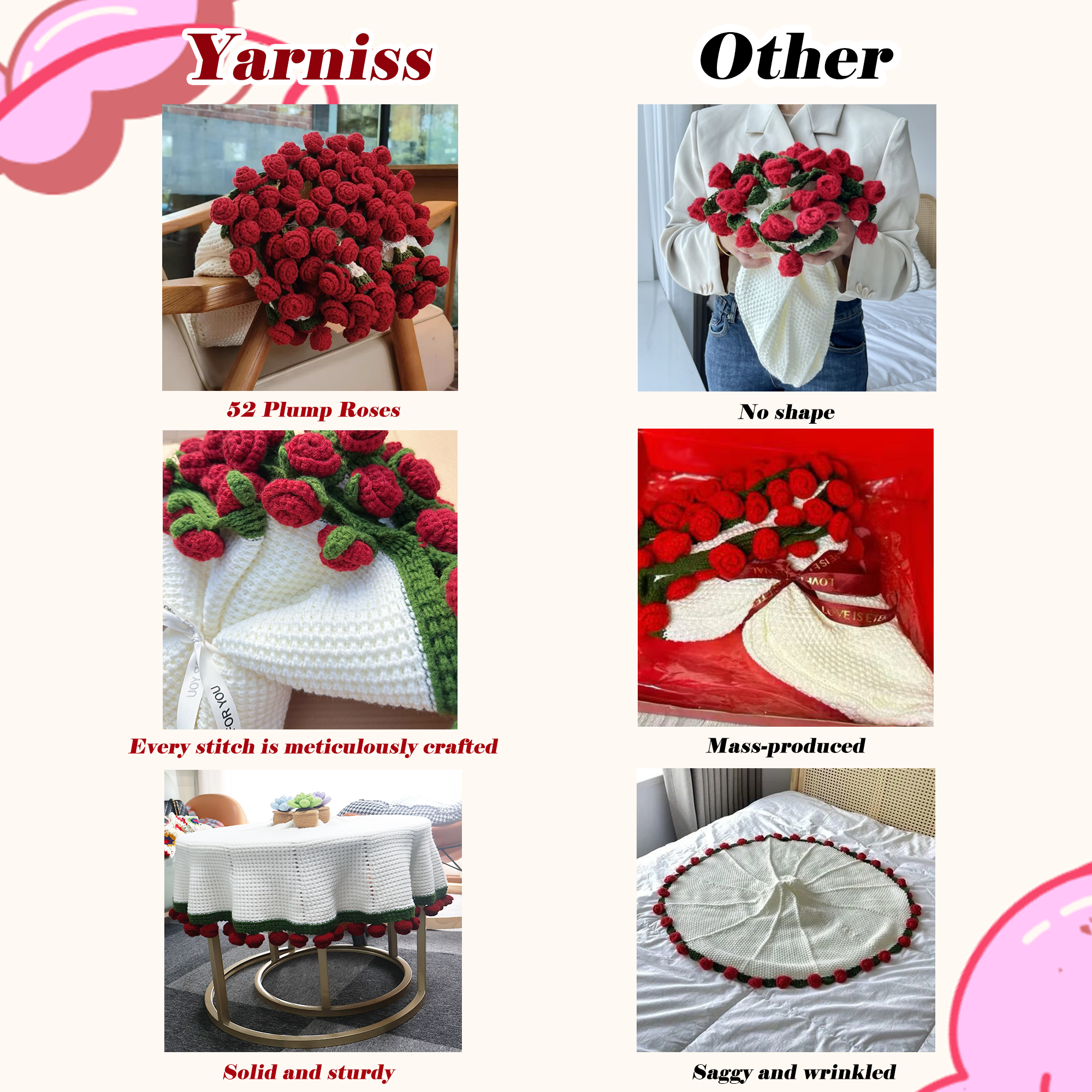 Yarniss Crochet Rose Bouquet Blanket 49"x49", Handmade Flower Blanket, Round Floral Blanket Gifts for Birthday &Valentine Day