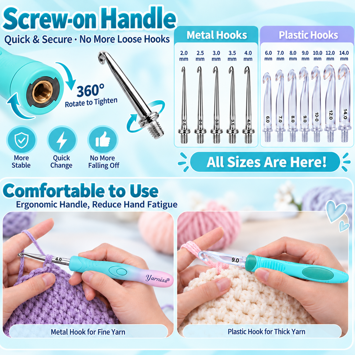 Yarniss Lighted Crochet Hooks Set with Copper Screw Knob Handle, Light Up Metal Crochet Hooks with Ergonomic Handle