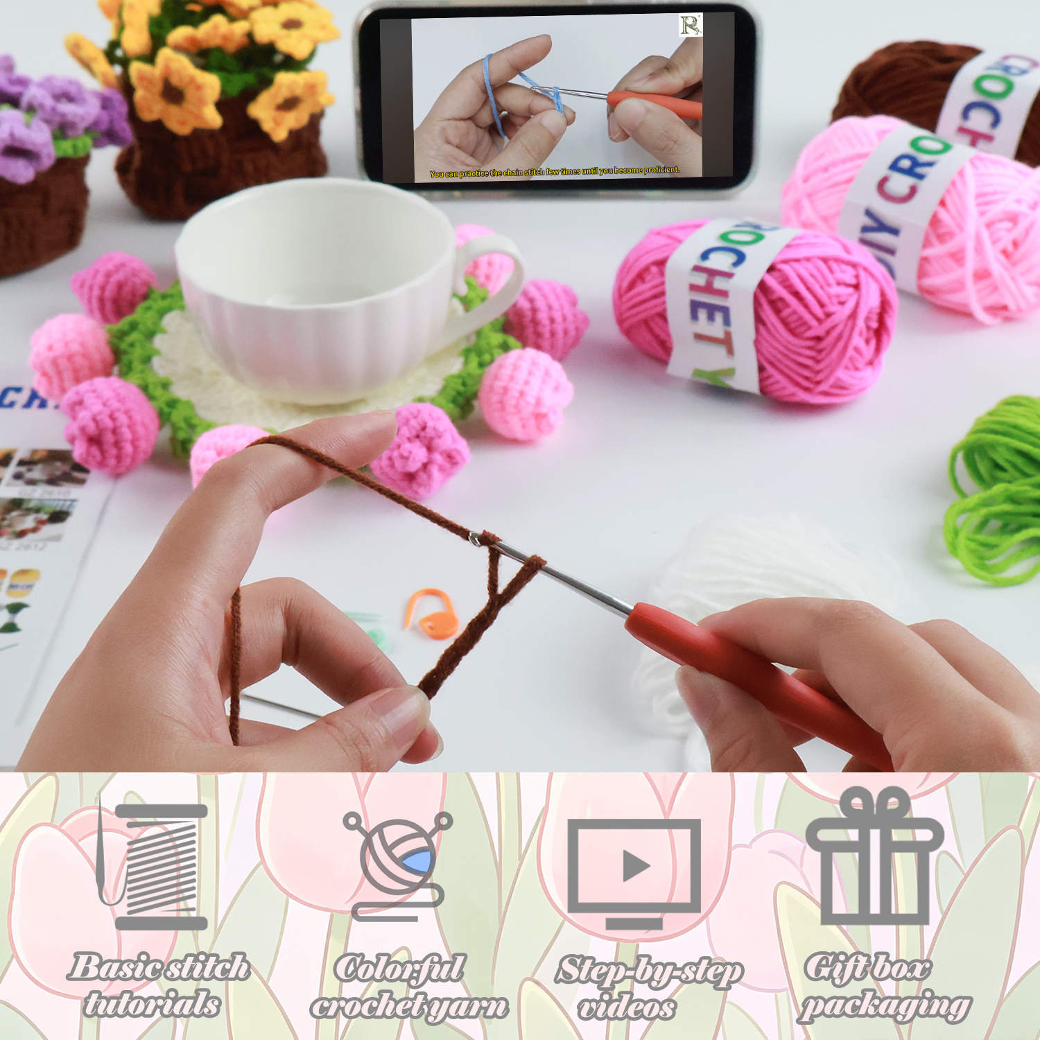 Yarniss Crochet Kit for Beginners,Crochet Coaster Starter Set,Stitch Crochet Kit Easy to Follow Video Tutorials Included