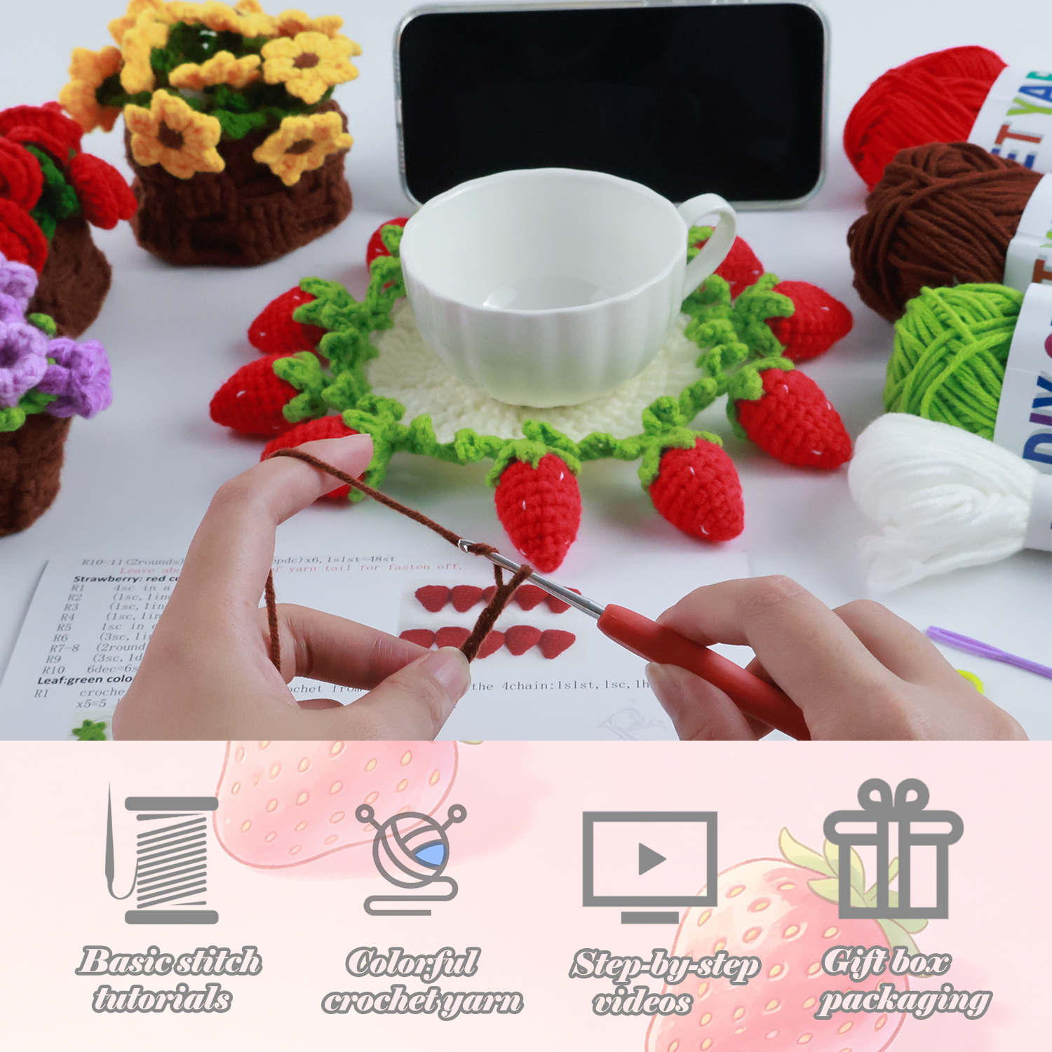 Yarniss Crochet Kit for Beginners,Crochet Coaster Starter Set,Stitch Crochet Kit Easy to Follow Video Tutorials Included