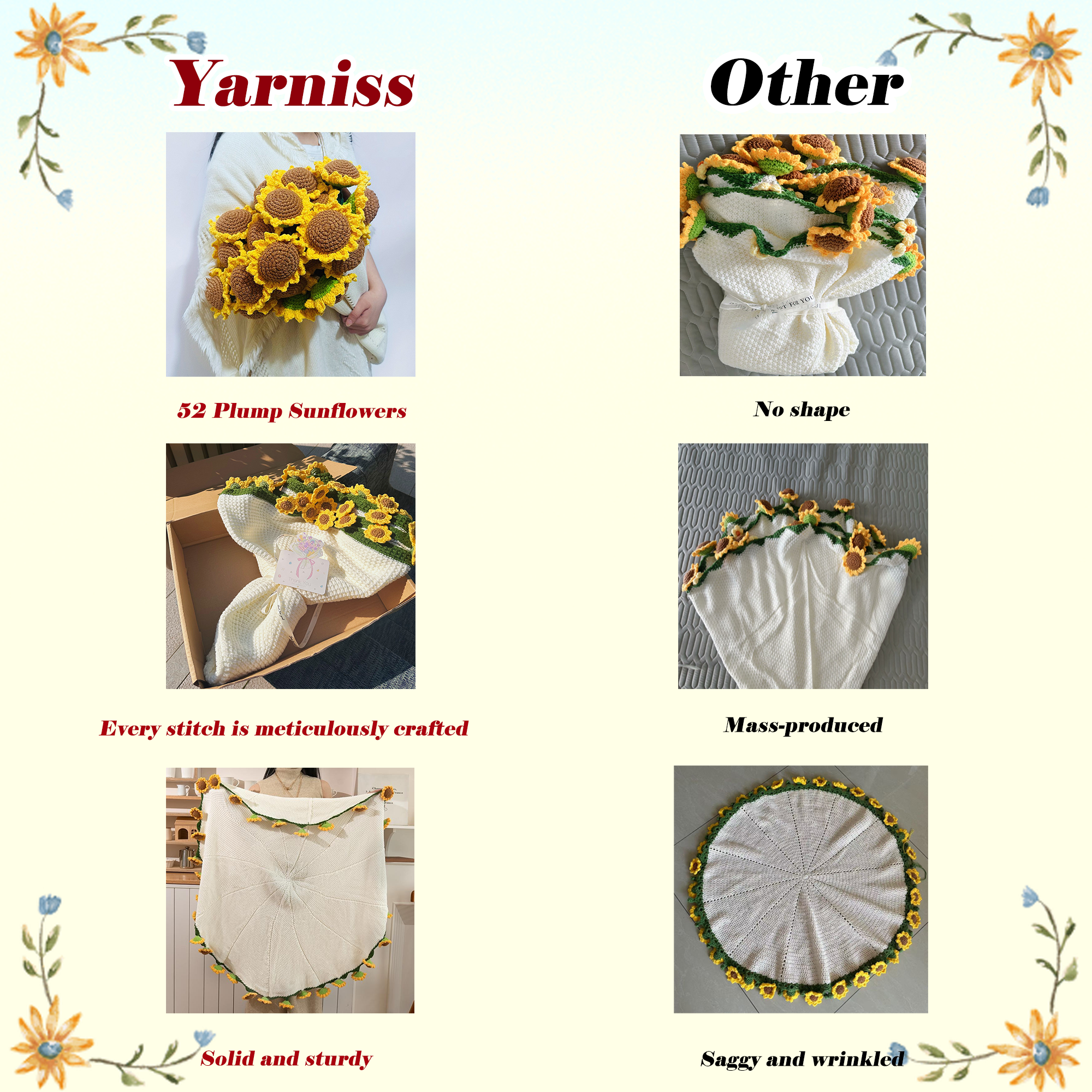 Yarniss Finished Crochet Sunflower Bouquet Blanket,49 Inch Round Sunflower Floral Knitted Gift,Hand Crocheting Blanket(52pcs Petals)