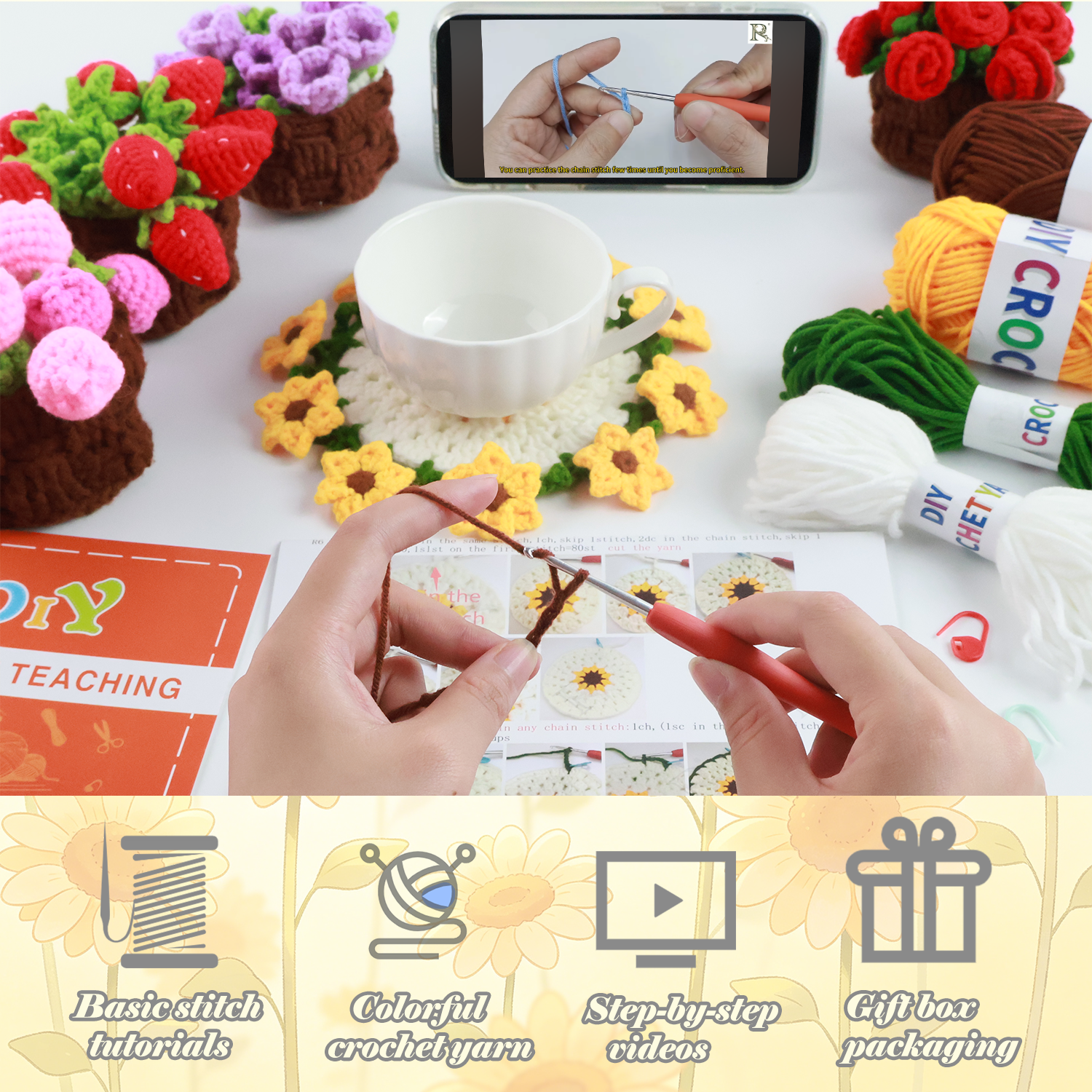Yarniss Crochet Kit for Beginners,Crochet Coaster Starter Set,Stitch Crochet Kit Easy to Follow Video Tutorials Included