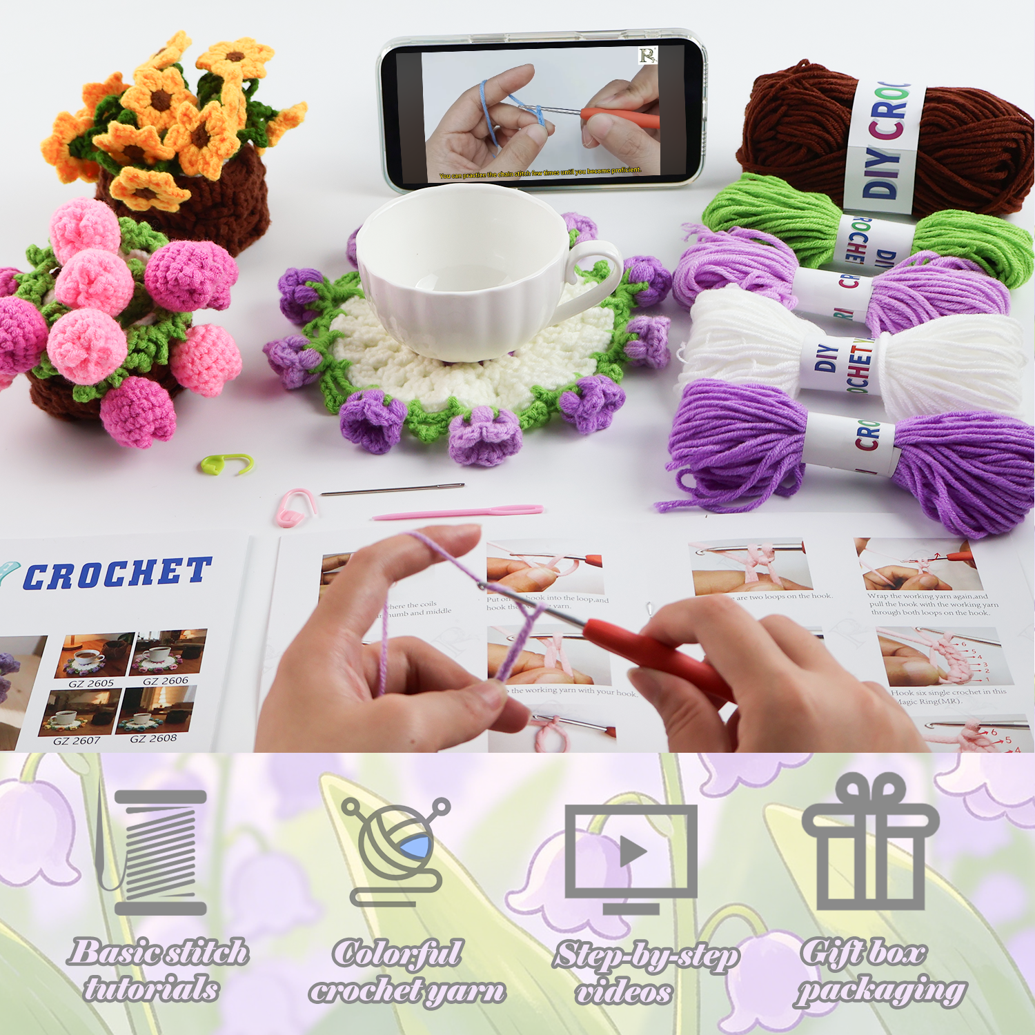 Yarniss Crochet Kit for Beginners,Crochet Coaster Starter Set,Stitch Crochet Kit Easy to Follow Video Tutorials Included