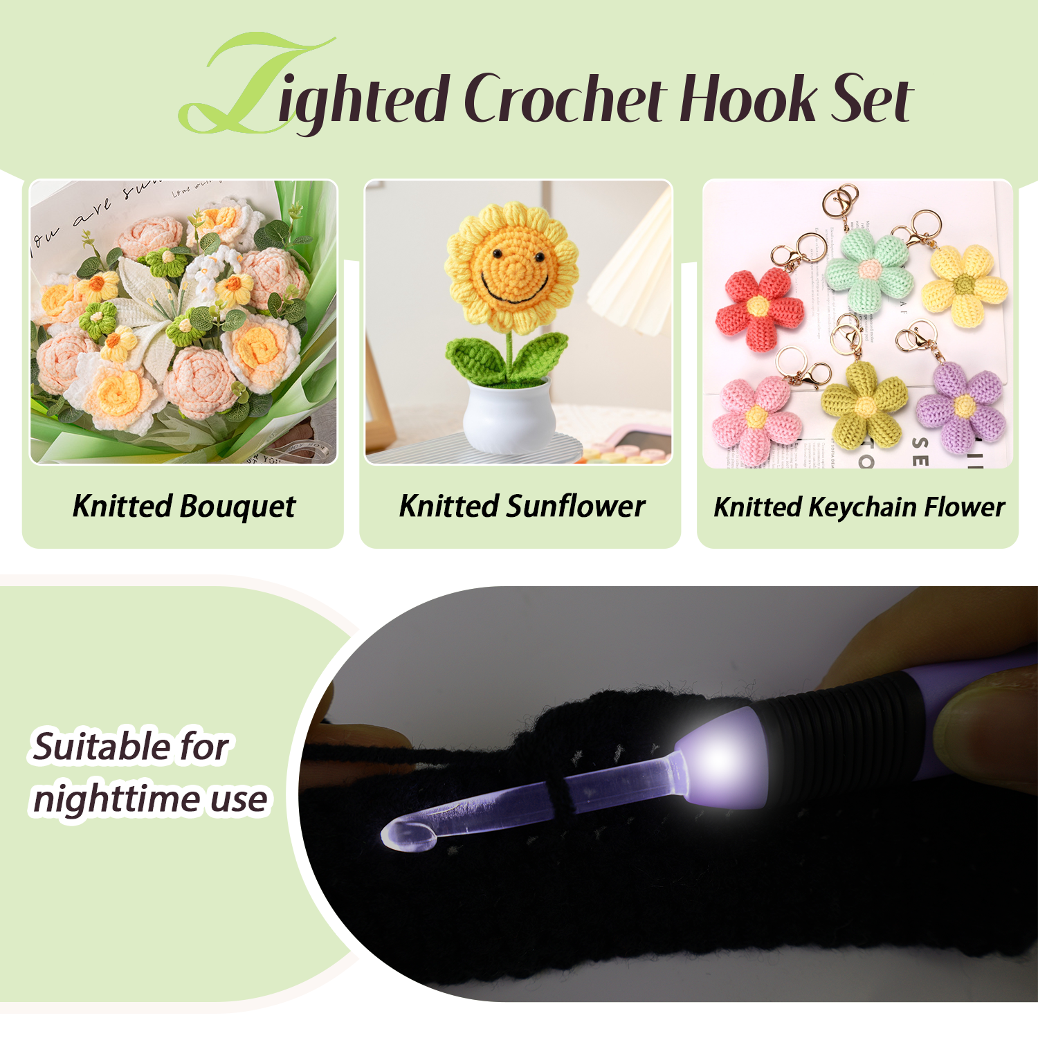 Yarniss Light Up Crochet Hook with Battery, Illuminated Crochet Hook with LED Light Including 5 Sizes 3.5mm, 4.5mm, 5.0mm, 5.5mm, and 6.5mm