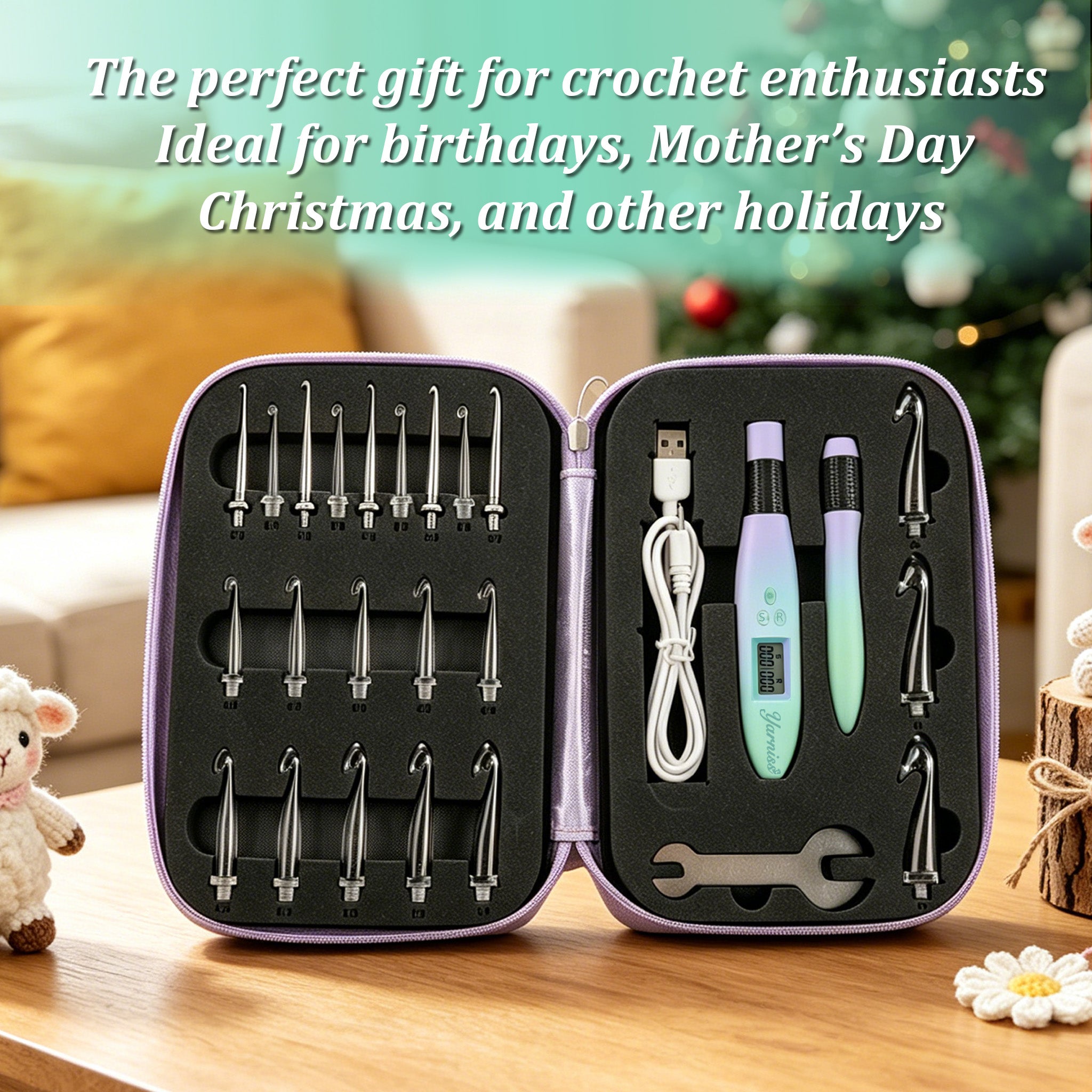 Yarniss 22 in 2 Lighted Counting Crochet Hook Set with Spiral Handle 2.0~14.0mm, Rechargeable Light Up Crochet Hook with Stitch Counter &amp; Case, Colorful Purple