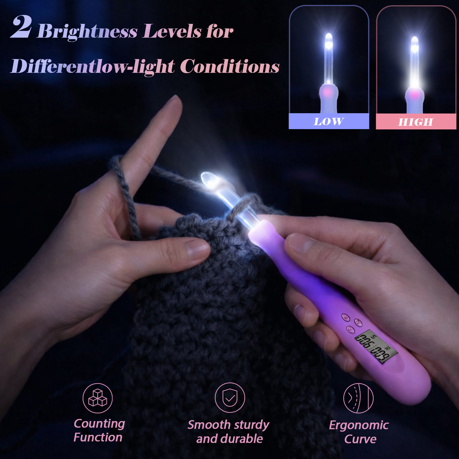 Yarniss Light Up Metal Head Crochet Hooks 2.5-6.5mm,2 Size Lighted Knitting Needles Set 4.25mm 5.0mm, Includes 2 Extra USB Rechargeable Heads with Case