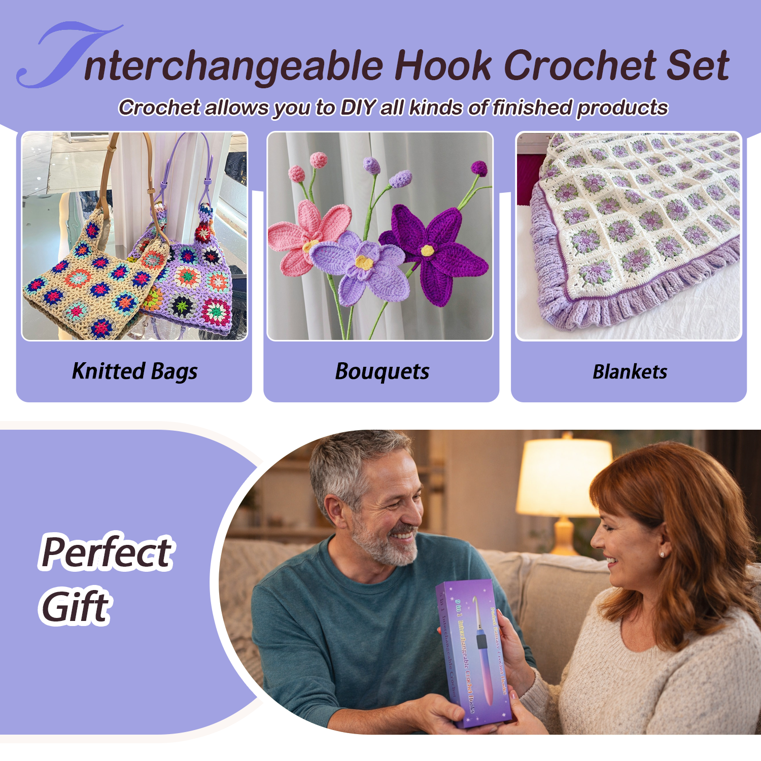 Yarniss Crochet Hooks Set, 9 Sizes 2.5mm-6.5mm Interchangeable Crochet Hooks with Screw Handle, Gradient Purple Ergonomic Comfort Grip, Comes with Wrench & Storage Case