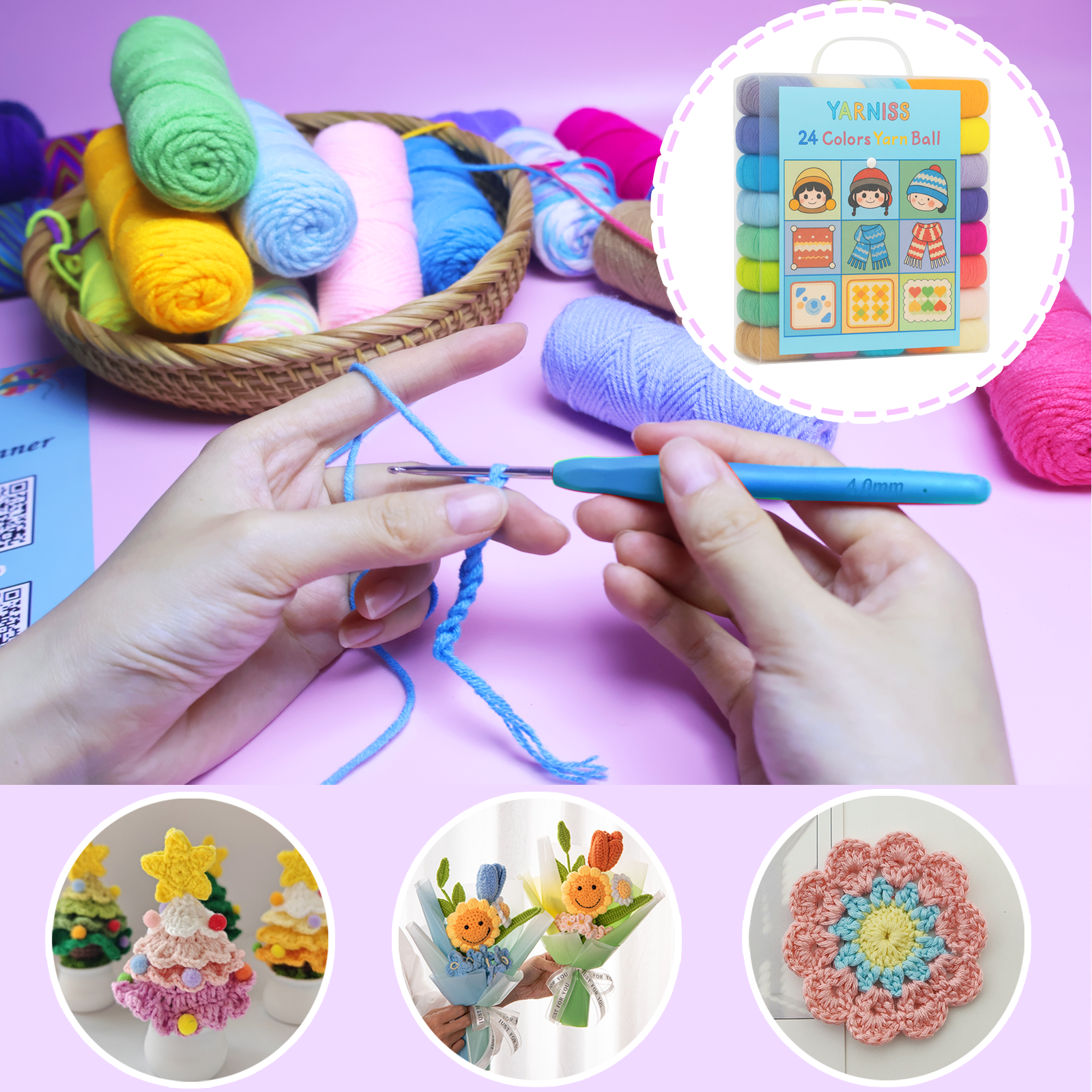 Yarniss Crochet Yarn Kits, 1312 Yards Acrylic Crochet Yarn for Crafts,24 Colors Knitting Yarn Skeins with 4.0mm Crochet Hook