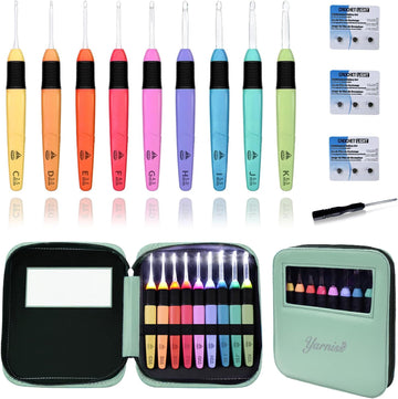 Yarniss Lighted Crochet Hook Set with Case,9 Sizes Crochet Hook Set Glow in Dark with Ergonomic Handles 2.5-6.5 mm,Green