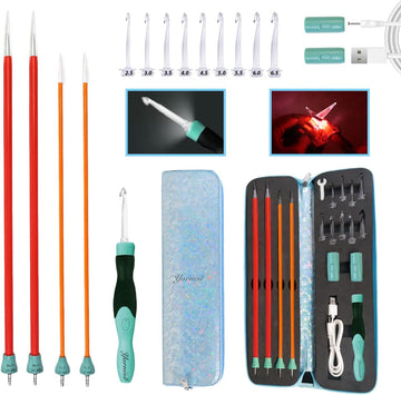 Yarniss 13-Piece Light Up Crochet Hooks 2.5-6.5mm,2 Size Lighted Knitting Needles Set 5.0mm 8.0mm, Includes 2 Extra USB Rechargeable Headswith Case