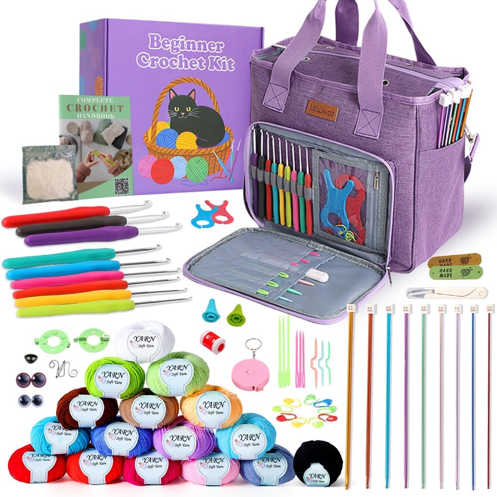Yarniss Crochet Kits for Beginner Adults, All Inclusive Crochet Set with 9 Size Crochet Hooks, Afghan Crochet Needles 2.0-6.0mm, 1136 Yards Yarn Skeins Balls, Knitting Kits Storage Organizer