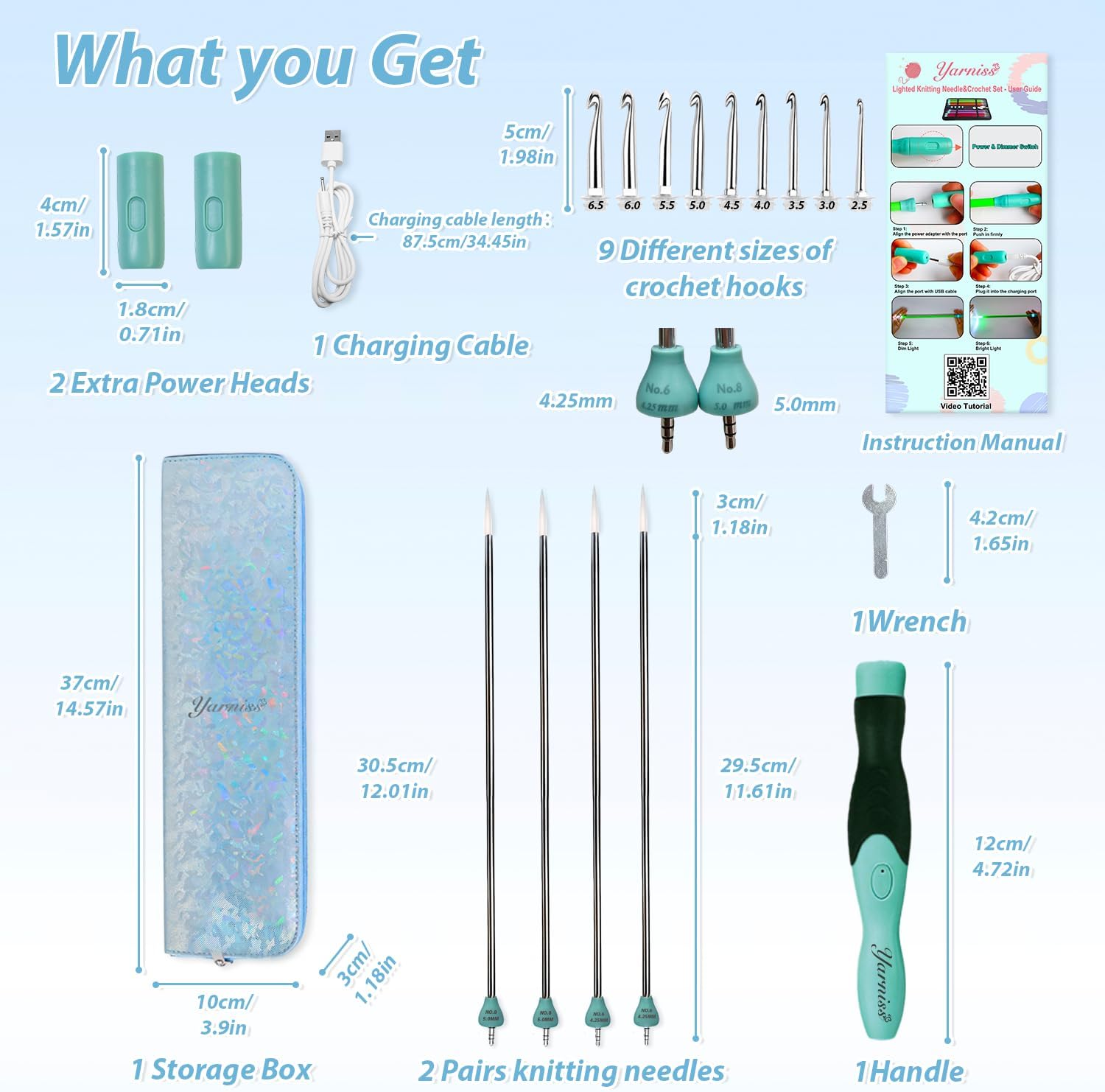 Yarniss 13-Piece Light Up Metal Head Crochet Hooks 2.5-6.5mm,2 Size Lighted Knitting Needles Set 4.25mm 5.0mm, Includes 2 Extra USB Rechargeable Heads with Case