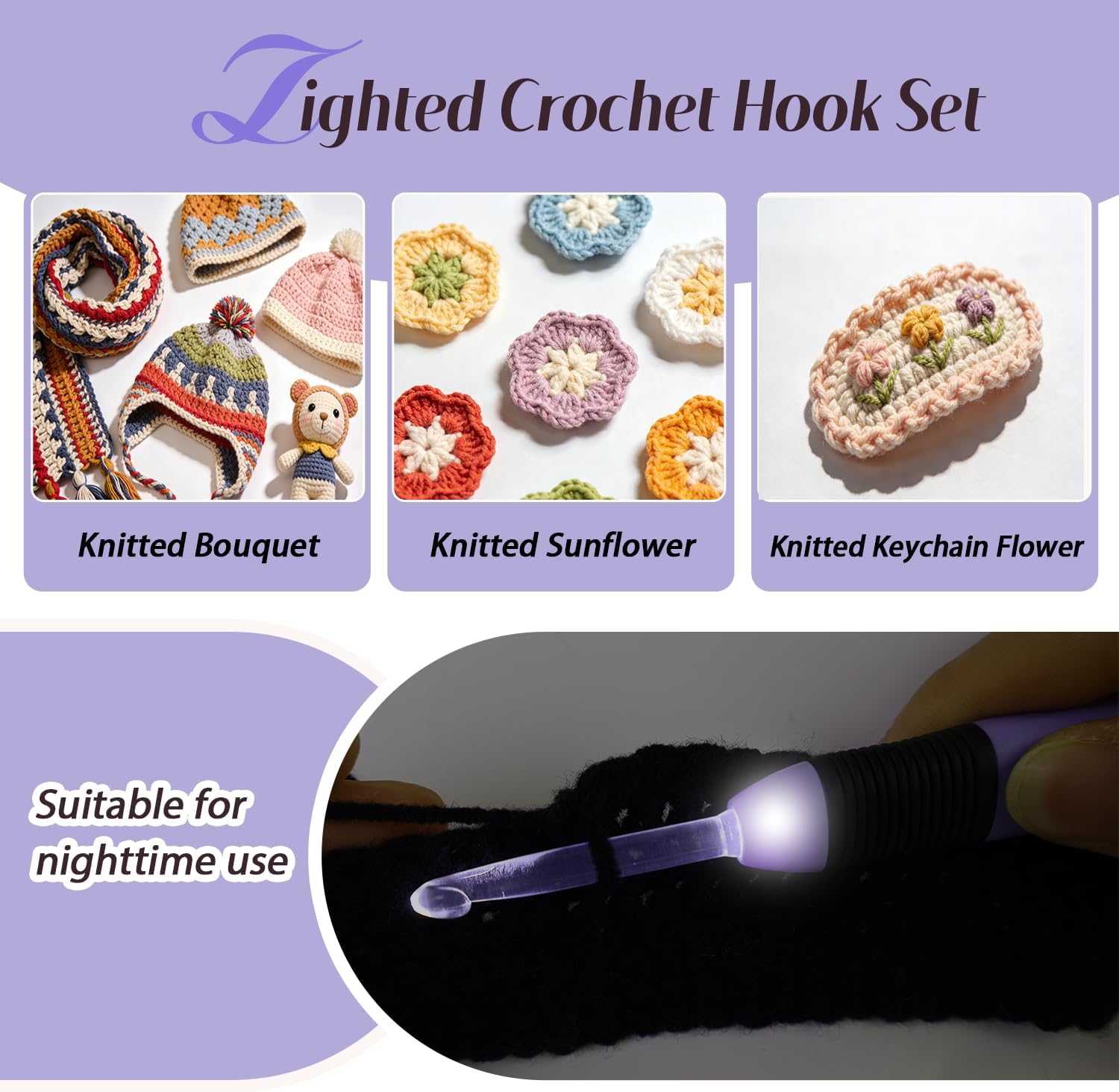 Yarniss Lighted Crochet Hook,4.0mm Crochet Hook Glow in Dark with Battery,Dark Red