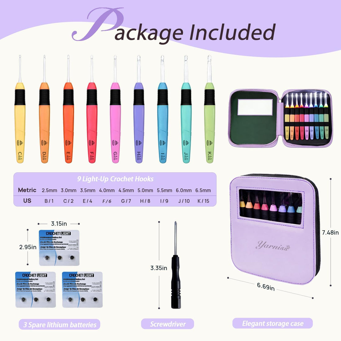 Yarniss 9 Pieces Lighted Crochet Hooks with Case,2.5 mm-6.5 mm LED Light Crochet Hooks for Dark Yarn with Battery,Purple