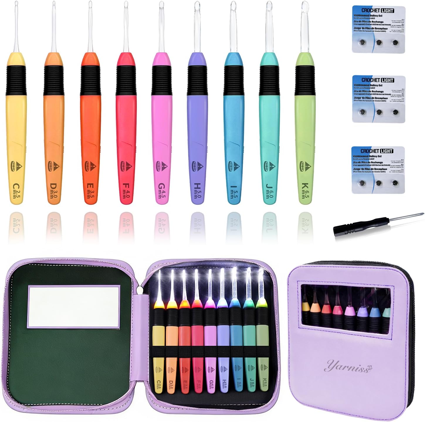Yarniss 9 Pieces Lighted Crochet Hooks with Case,2.5 mm-6.5 mm LED Light Crochet Hooks for Dark Yarn with Battery,Purple
