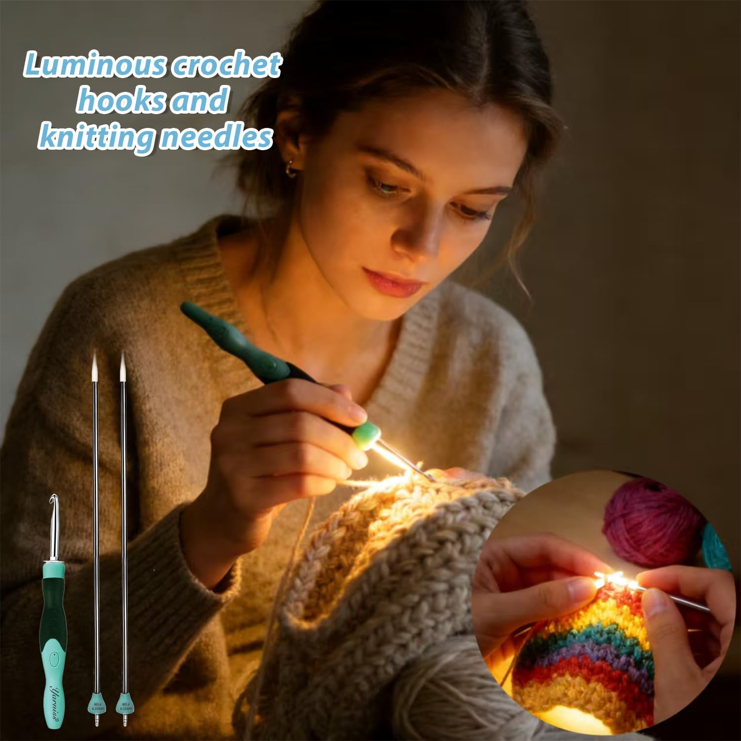 Yarniss 13-Piece Light Up Metal Head Crochet Hooks 2.5-6.5mm,2 Size Lighted Knitting Needles Set 4.25mm 5.0mm, Includes 2 Extra USB Rechargeable Heads with Case