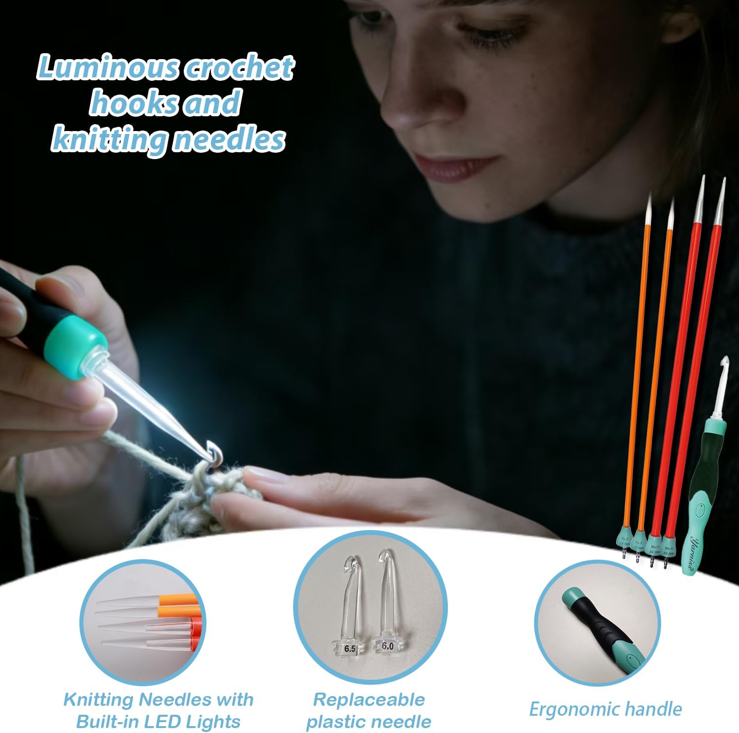 Yarniss 13-Piece Light Up Crochet Hooks 2.5-6.5mm,2 Size Lighted Knitting Needles Set 5.0mm 8.0mm, Includes 2 Extra USB Rechargeable Headswith Case