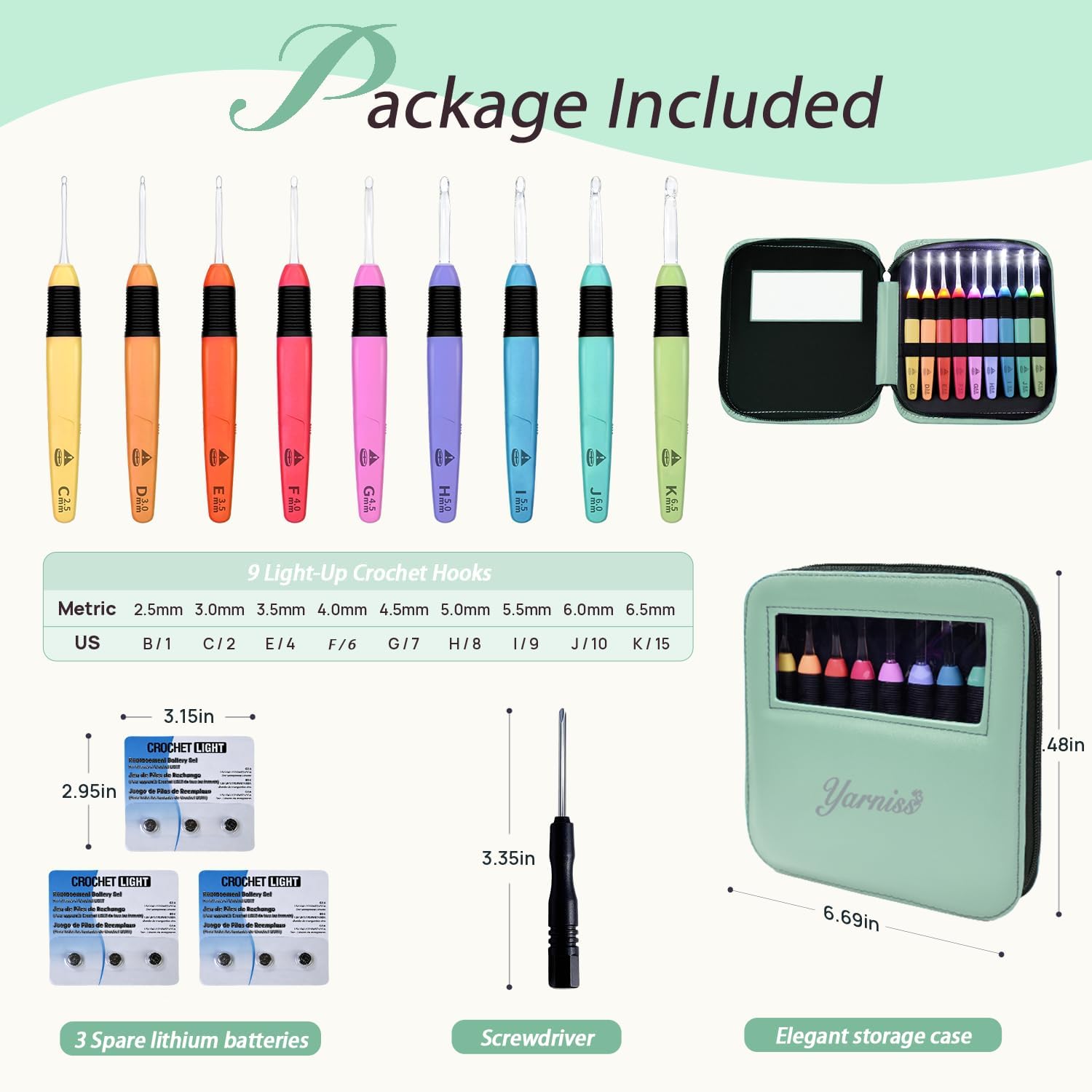 Yarniss Lighted Crochet Hook Set with Case,9 Sizes Crochet Hook Set Glow in Dark with Ergonomic Handles 2.5-6.5 mm,Green