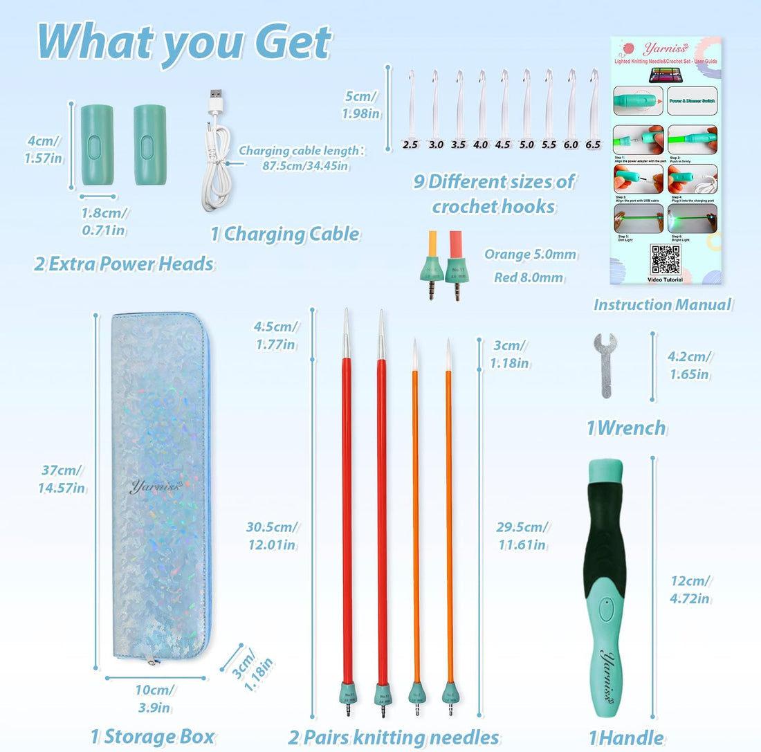 Yarniss 13-Piece Light Up Crochet Hooks 2.5-6.5mm,2 Size Lighted Knitting Needles Set 5.0mm 8.0mm, Includes 2 Extra USB Rechargeable Headswith Case