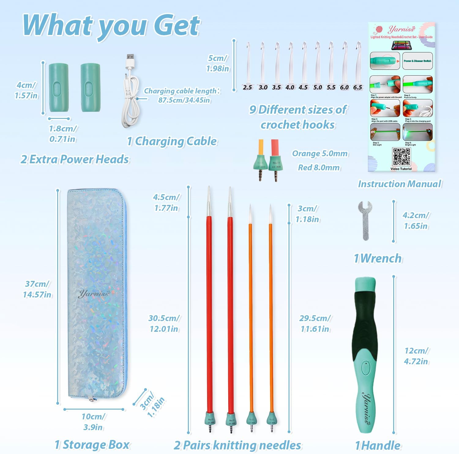 Yarniss 13-Piece Light Up Crochet Hooks 2.5-6.5mm,2 Size Lighted Knitting Needles Set 5.0mm 8.0mm, Includes 2 Extra USB Rechargeable Headswith Case