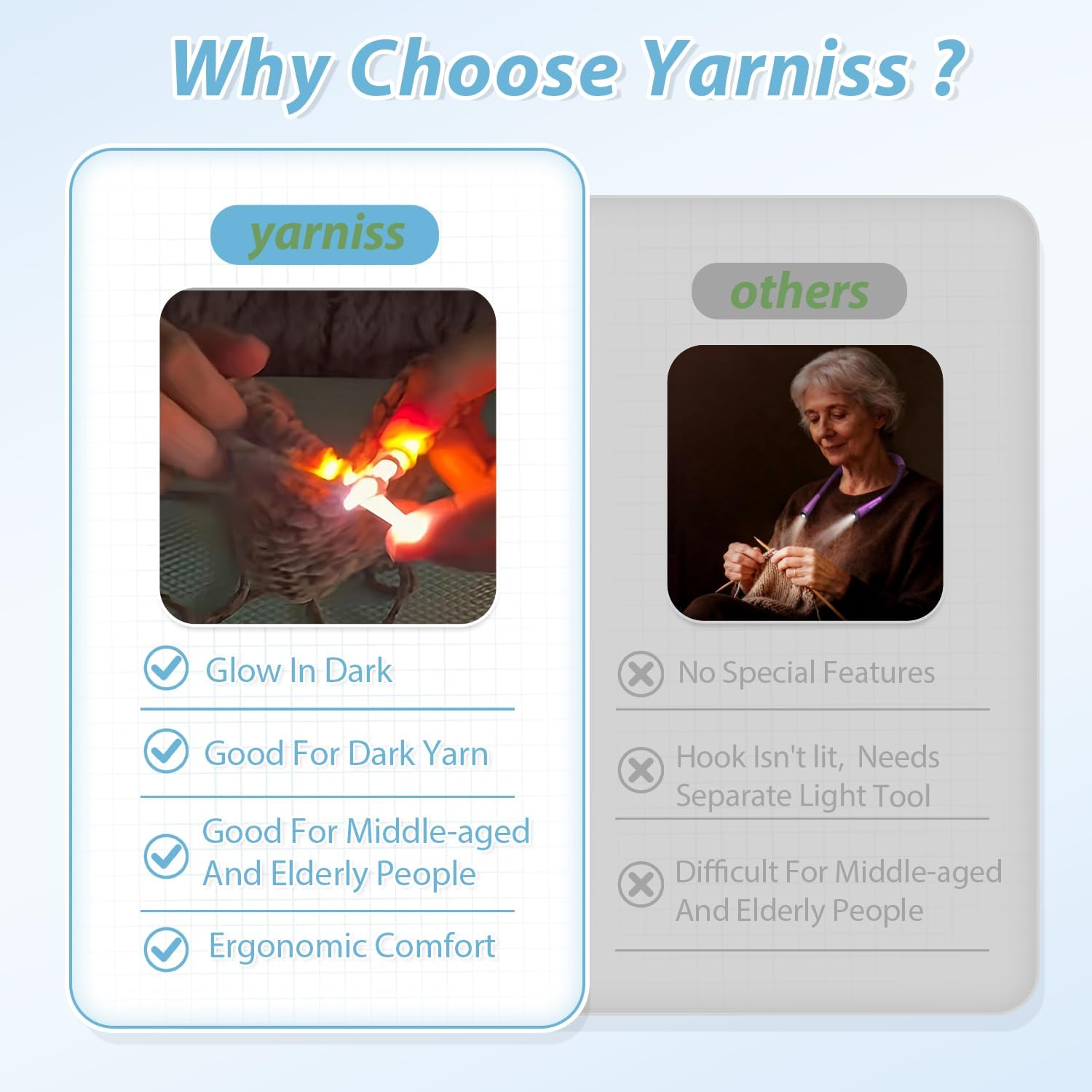 Yarniss 13-Piece Light Up Crochet Hooks 2.5-6.5mm,2 Size Lighted Knitting Needles Set 5.0mm 8.0mm, Includes 2 Extra USB Rechargeable Headswith Case