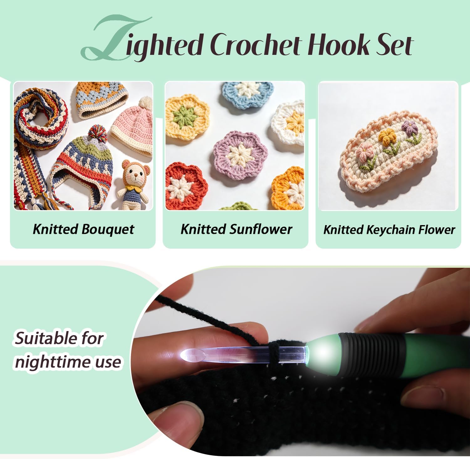 Yarniss Lighted Crochet Hook Set with Case,9 Sizes Crochet Hook Set Glow in Dark with Ergonomic Handles 2.5-6.5 mm,Green