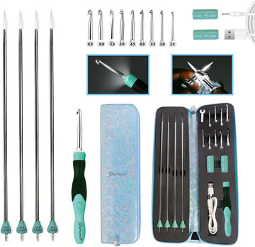 Yarniss 13-Piece Light Up Metal Head Crochet Hooks 2.5-6.5mm,2 Size Lighted Knitting Needles Set 4.25mm 5.0mm, Includes 2 Extra USB Rechargeable Heads with Case