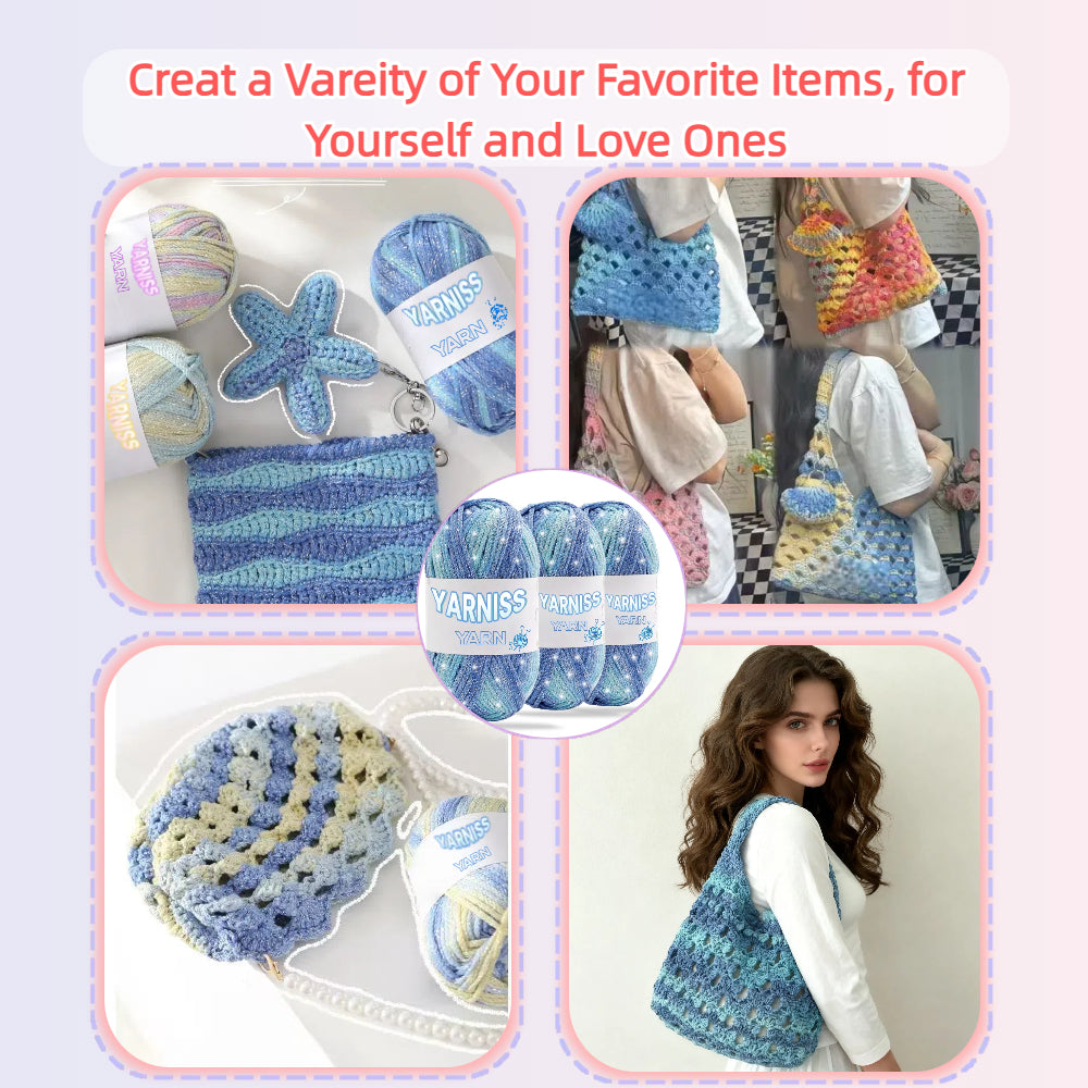 Yarniss Metallic Crochet Yarn for Knitting, 2.5mm Cotton Sparkle Yarn for Crochet Bag 3 Skeins of 100g/82yds(Blue)