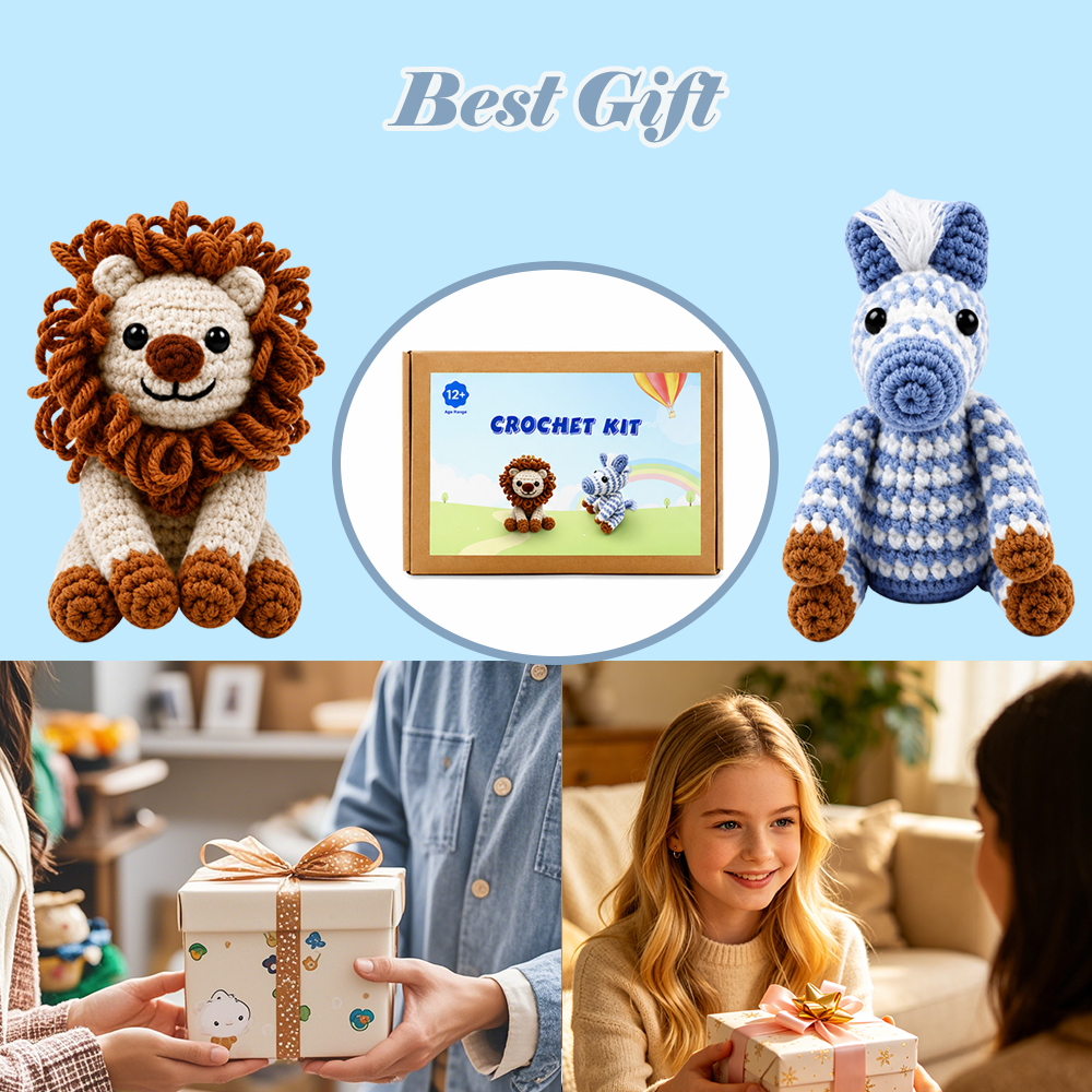 Yarniss Crochet Kit for Beginners-2-Pack Animal Crochet Kit with Zebra and Lion-Learn to Crochet Kits for Adults and Kids Beginner with Video Tutorials