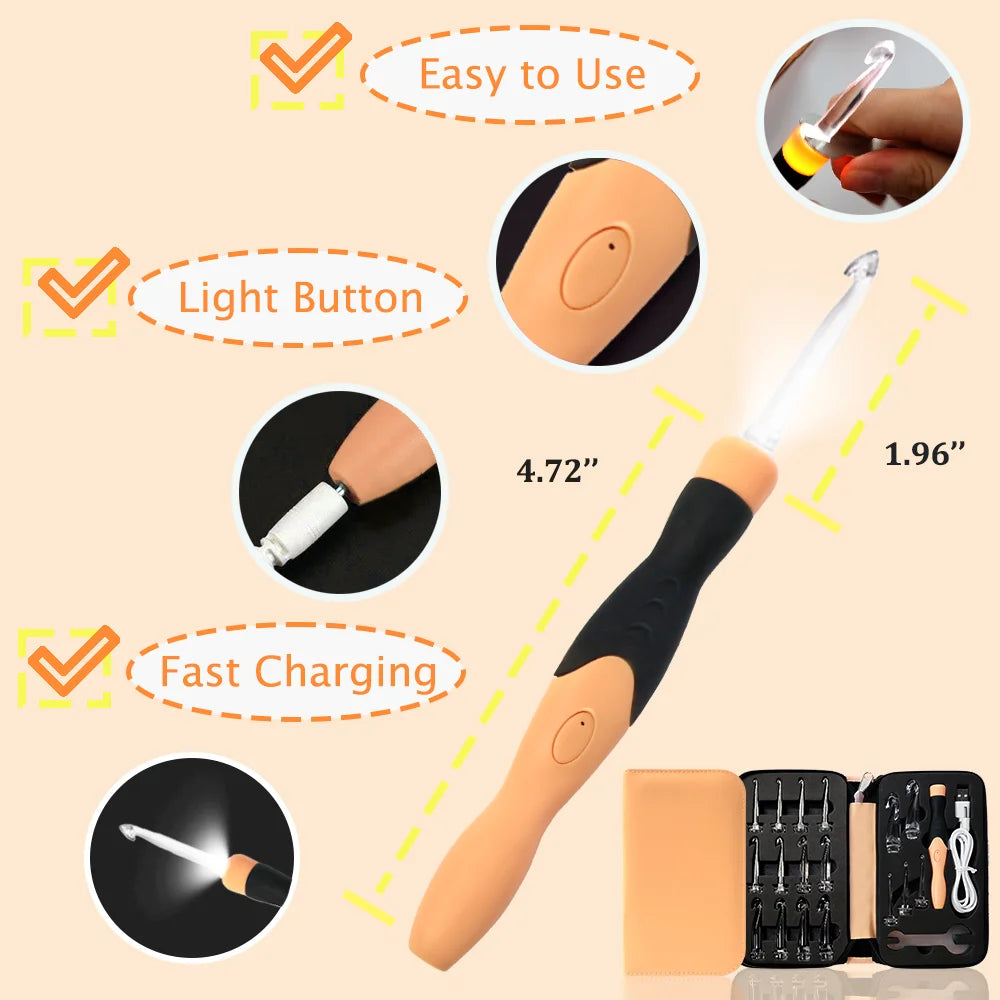 Yarniss 17 Size Lighted Crochet Hooks Set 2.5 mm to 14.0 mm, Plastic&Metal Rechargeable Light Up Crochet Hooks with Case