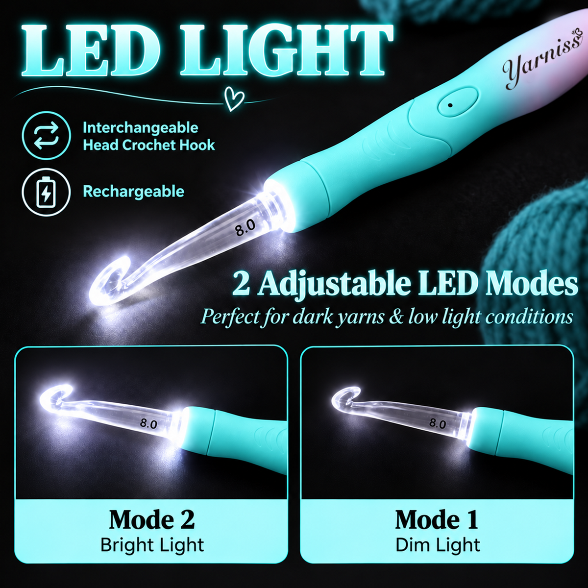 Yarniss Lighted Crochet Hooks Set with Copper Screw Knob Handle, Light Up Metal Crochet Hooks with Ergonomic Handle