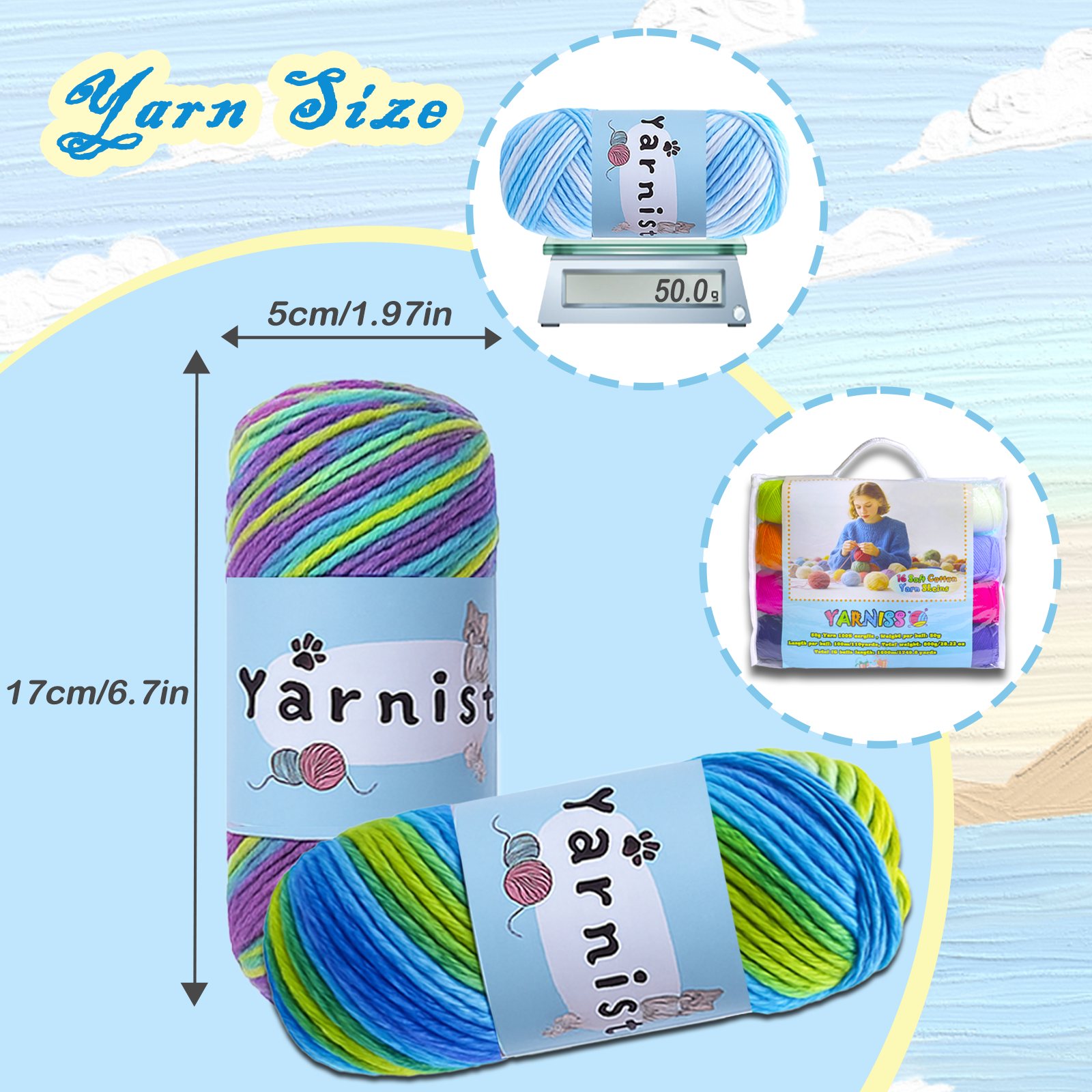 Yarniss 16 Acrylic Yarn Skeins Total 1760 Yards Multicolored Yarn– Great Crochet and Knitting Starter Kit for Colorful Craft