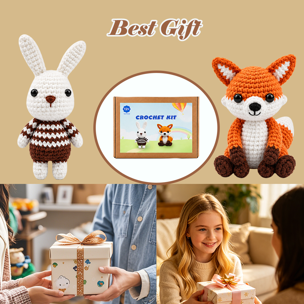 Yarniss Animal Crochet Kit for Beginners-2-Piece Little Rabbit and Fox Crochet Starter Kit with Step-by-Step Video Tutorials, DIY Craft Gifts