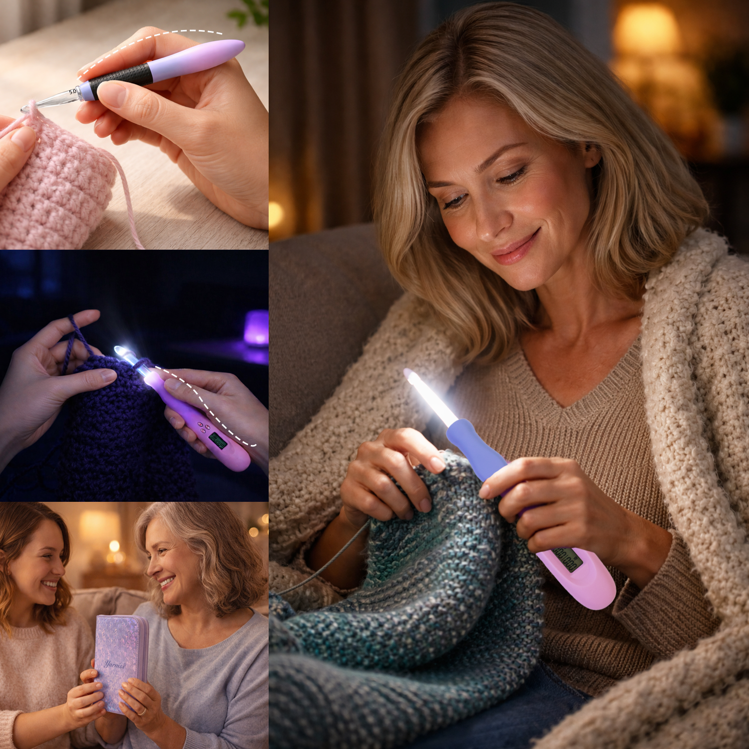 Yarniss Light Up Metal Head Crochet Hooks 2.5-6.5mm,2 Size Lighted Knitting Needles Set 4.25mm 5.0mm, Includes 2 Extra USB Rechargeable Heads with Case