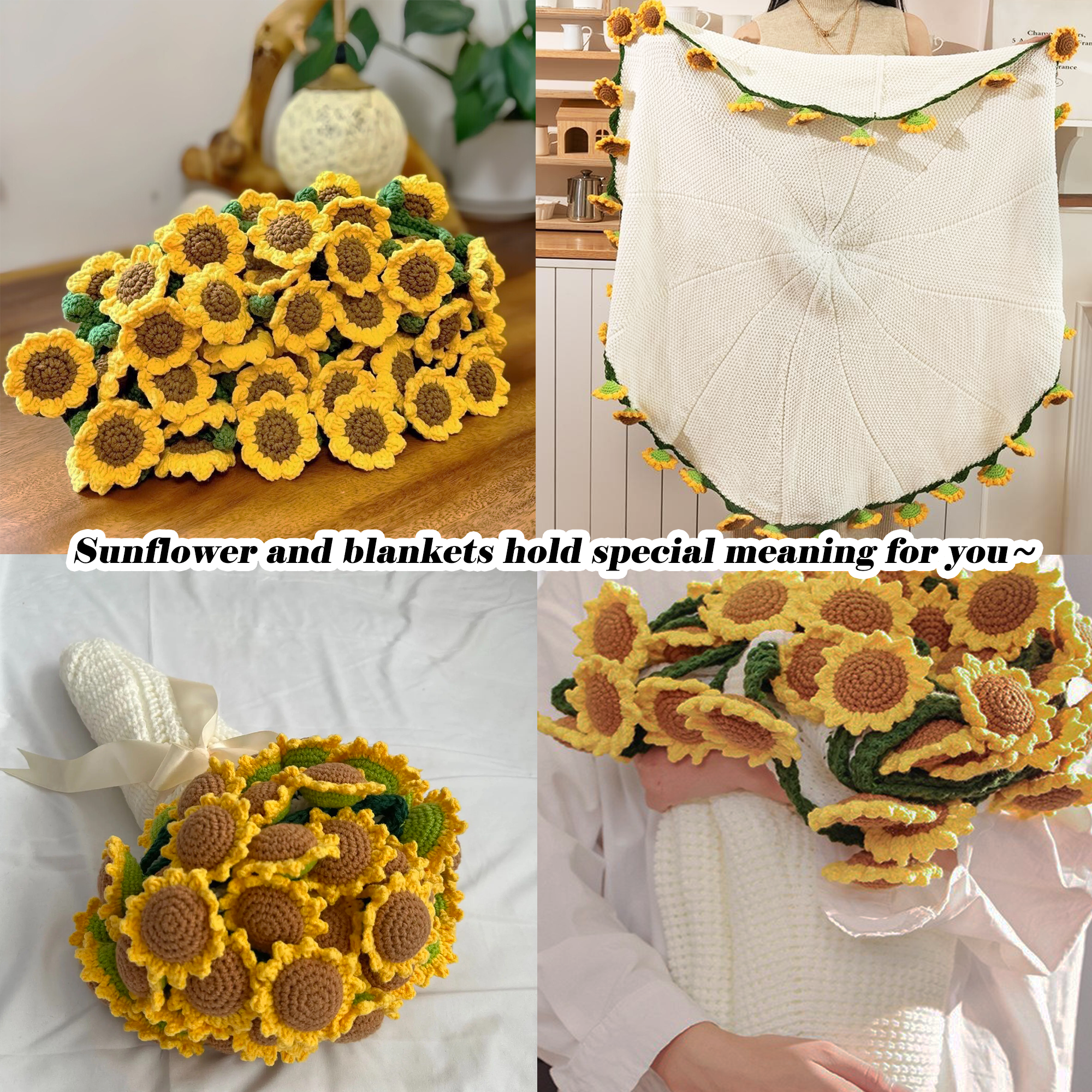 Yarniss Finished Crochet Sunflower Bouquet Blanket,49 Inch Round Sunflower Floral Knitted Gift,Hand Crocheting Blanket(52pcs Petals)