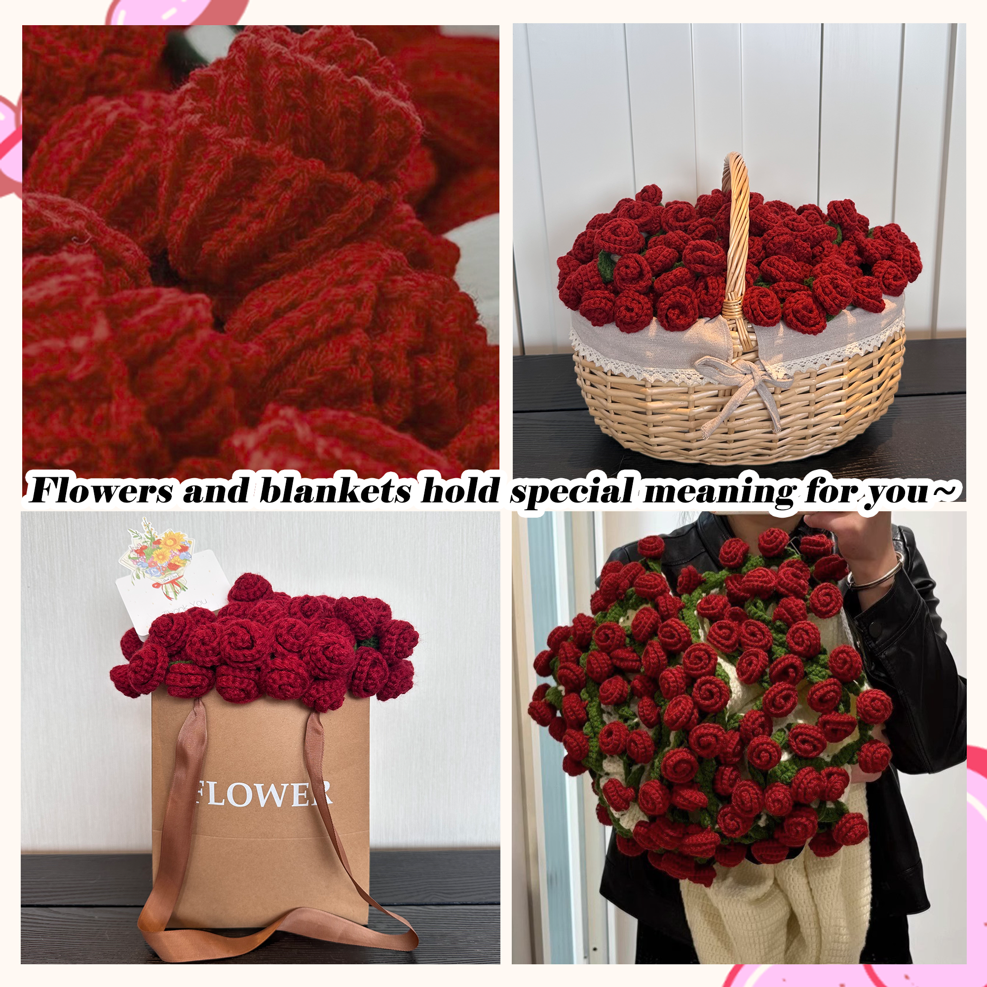 Yarniss Crochet Rose Bouquet Blanket 49"x49", Handmade Flower Blanket, Round Floral Blanket Gifts for Birthday &Valentine Day