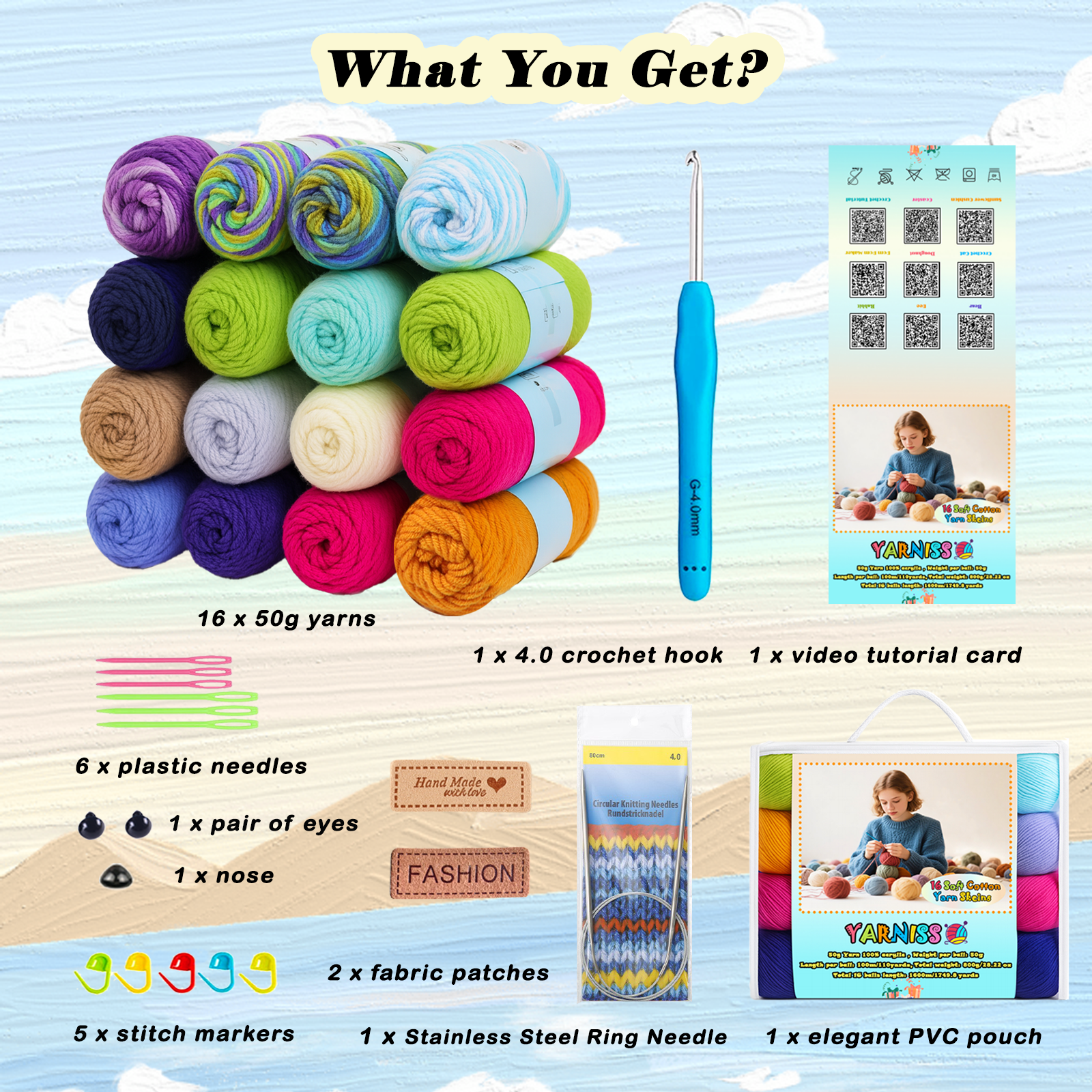 Yarniss 16 Acrylic Yarn Skeins Total 1760 Yards Multicolored Yarn– Great Crochet and Knitting Starter Kit for Colorful Craft